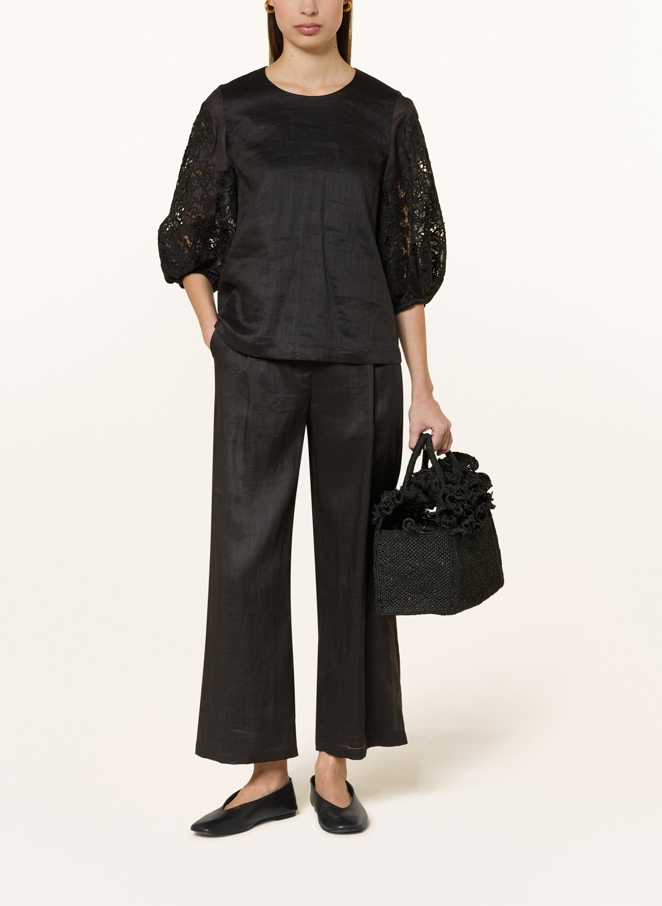 Max Mara STUDIO Blusenshirt MSTORDINE mit 3/4-Arm und Lochspitze: SCHWARZ