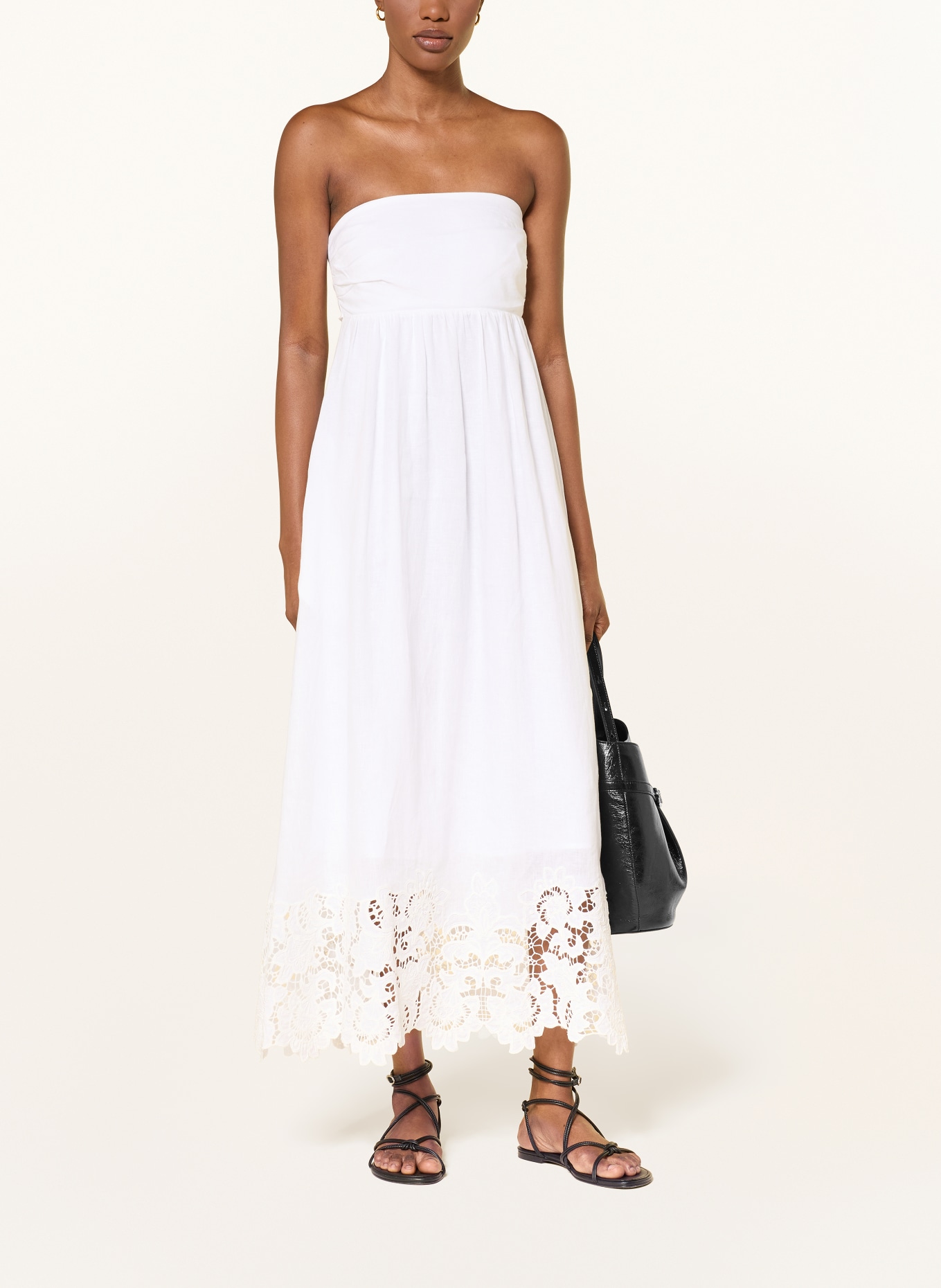 Max Mara STUDIO Off-shoulder jurk SCENA van linnen met opengewerkt kant: WIT