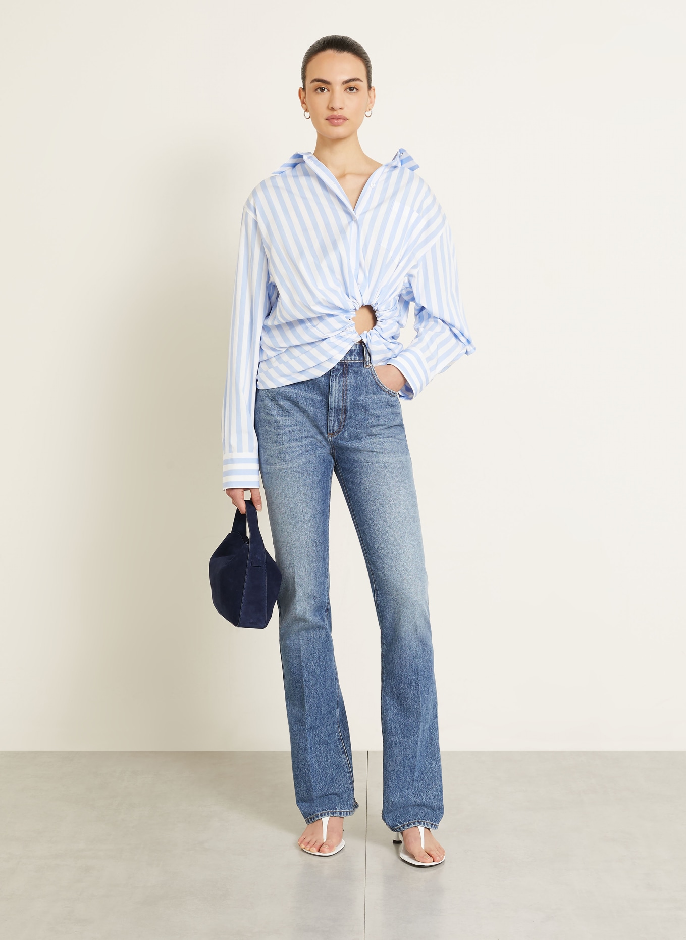 SPORTMAX PALMIZI-blouse met uitsnijding: WIT / LICHTBLAUW