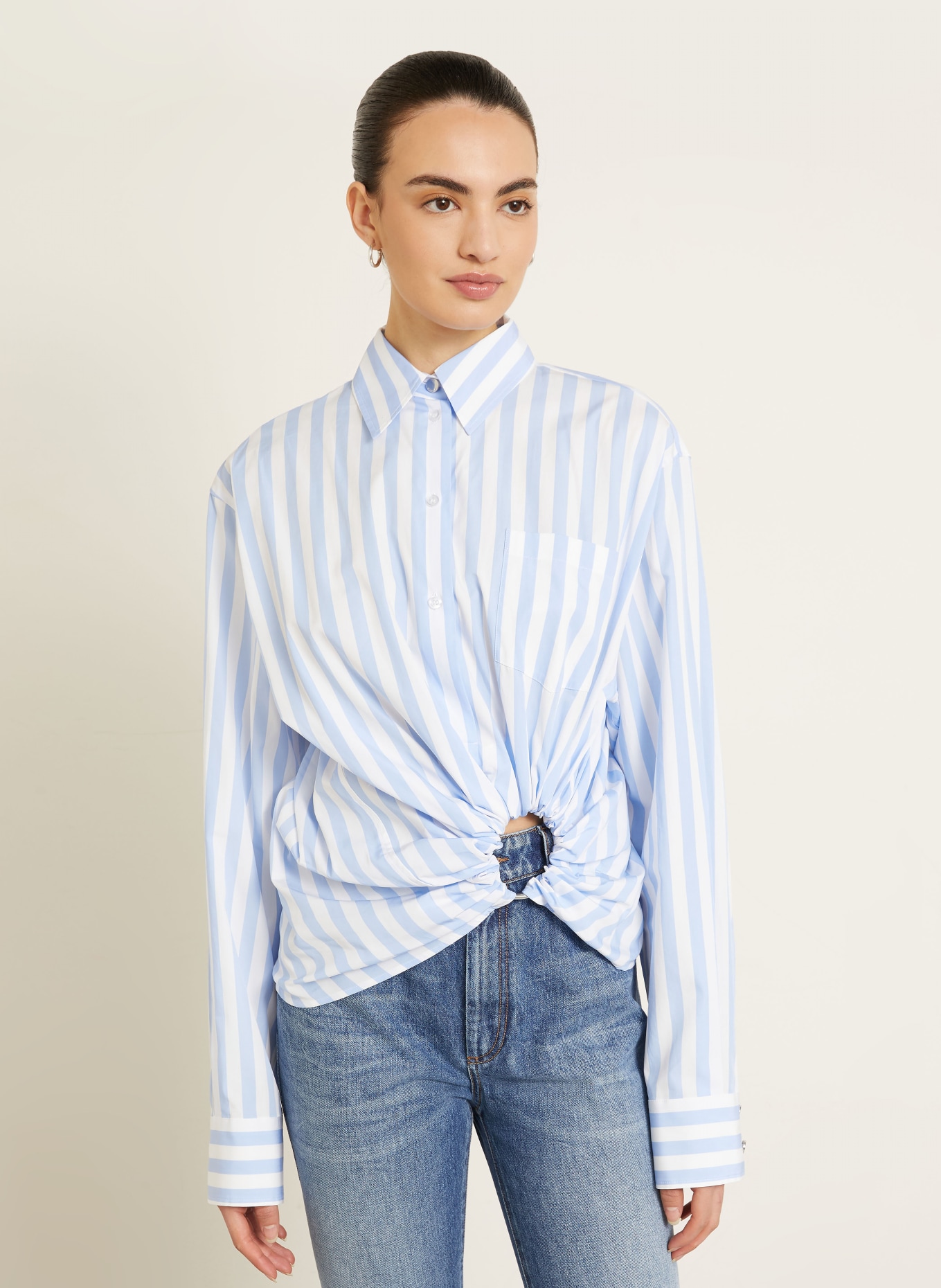 SPORTMAX PALMIZI-blouse met uitsnijding: WIT / LICHTBLAUW