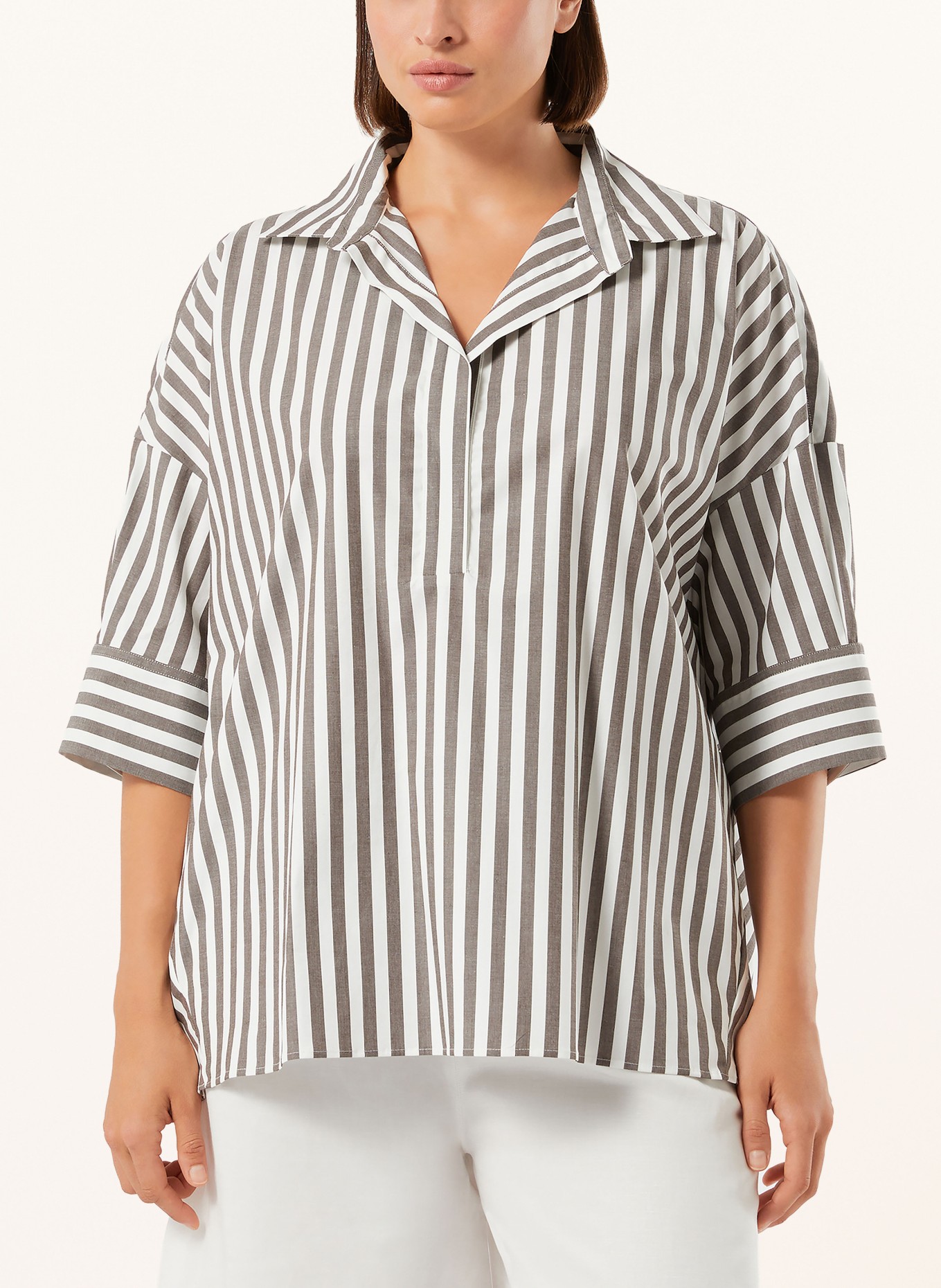 MARINA RINALDI BOA shirt blouse with 3/4 sleeves: BROWN / WHITE