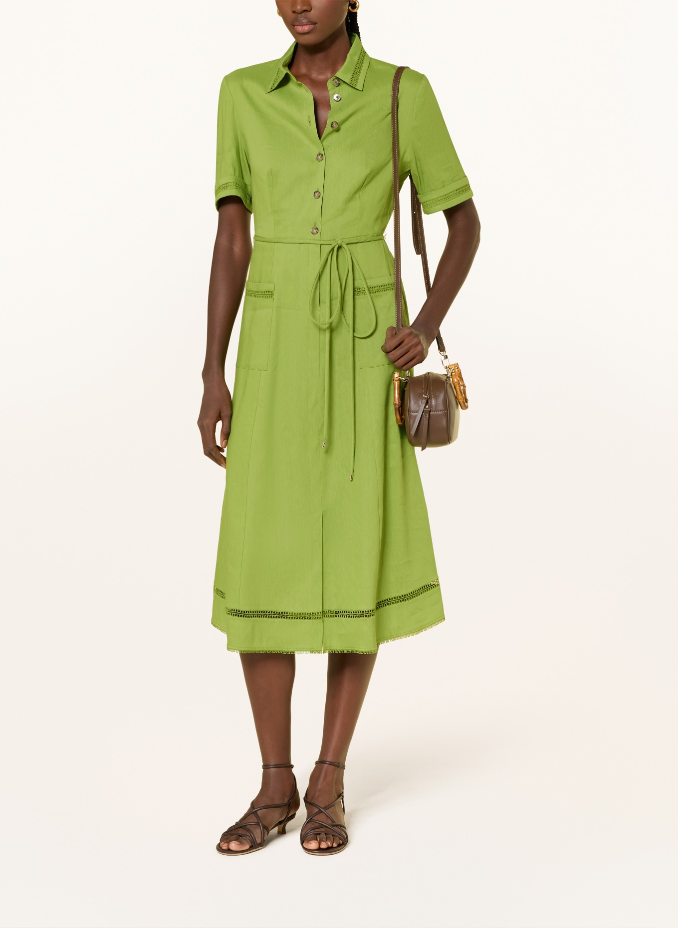 MARC CAIN Hemdblusenkleid mit Leinen und Spitze: 526 garden green