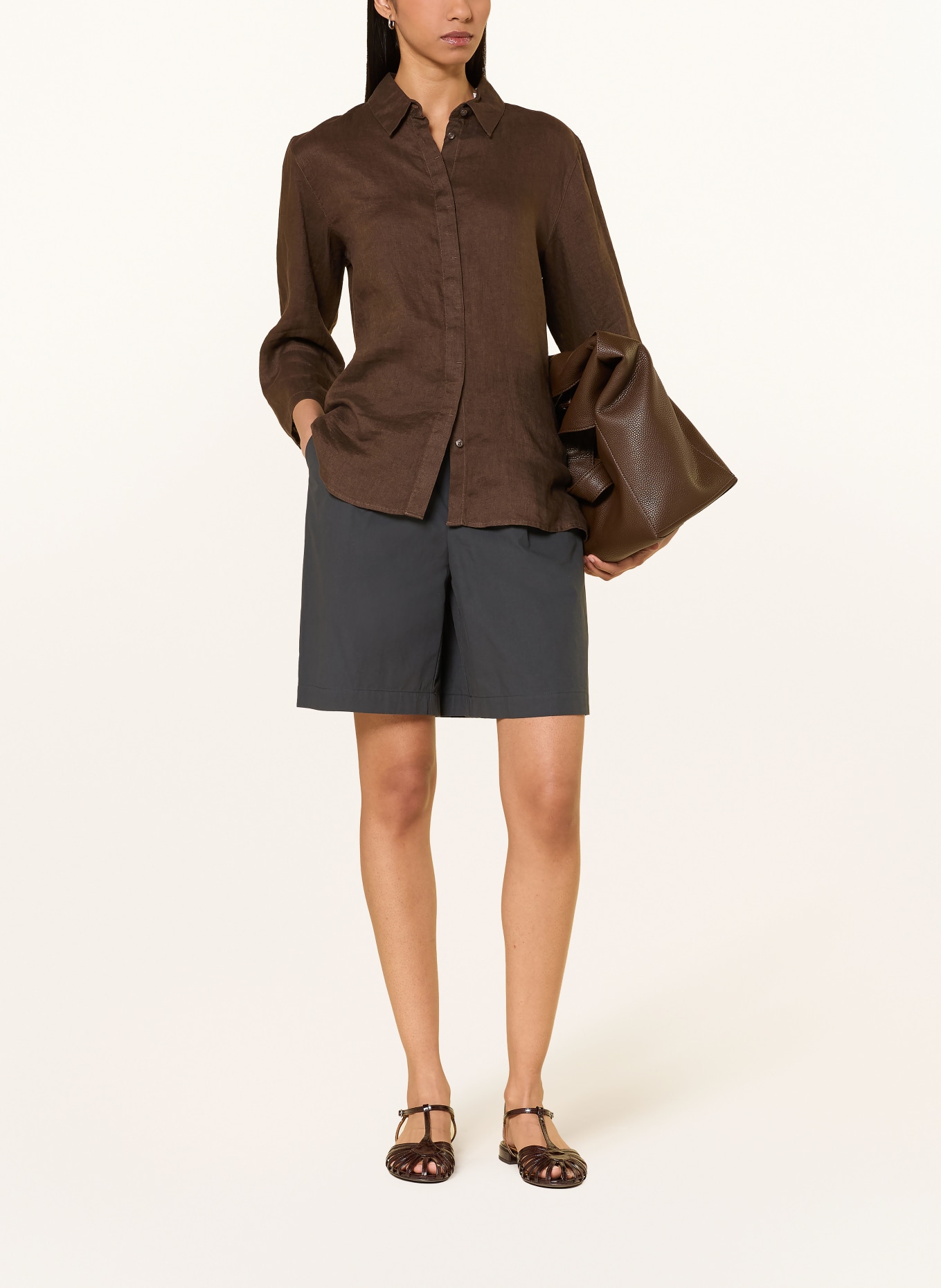 BRAX Bluzka koszulowa VICKI z lnu z rękawami 3/4: CIEMNOBRĄZOWY