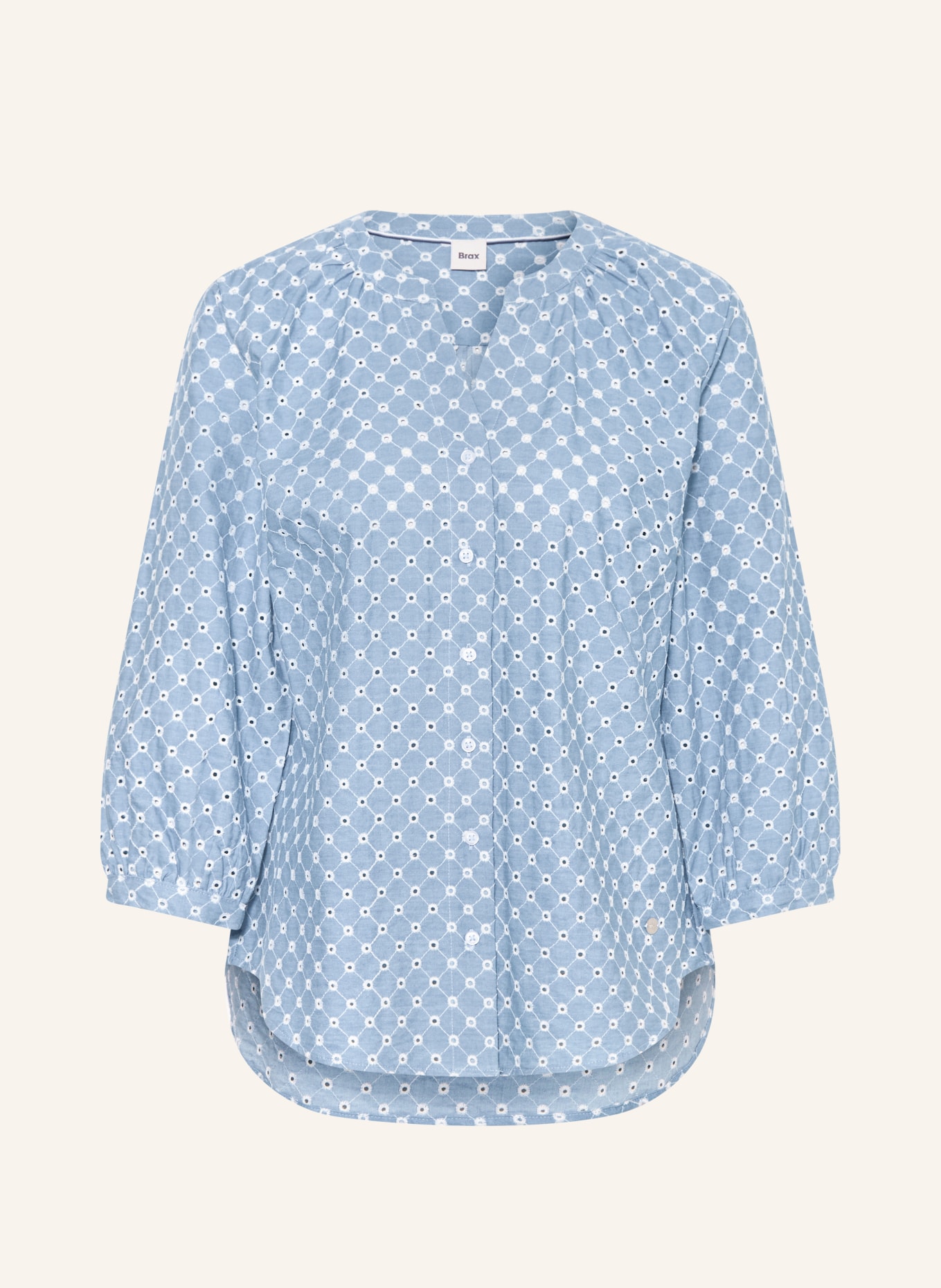 BRAX VELIA-blouse van opengewerkte kant met 3/4-mouwen: BLAUW / WIT