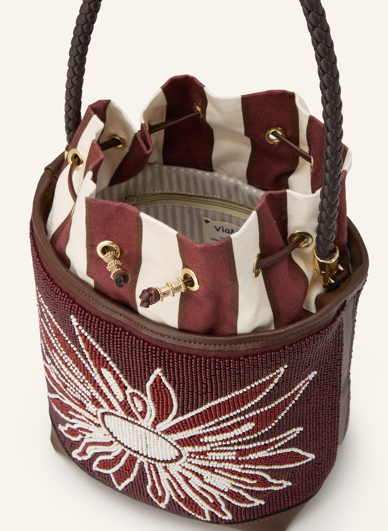 ViaMailBag Beuteltasche BOUQUET FLOWER mit Schmuckperlen: DUNKELBRAUN / DUNKELROT / WEISS