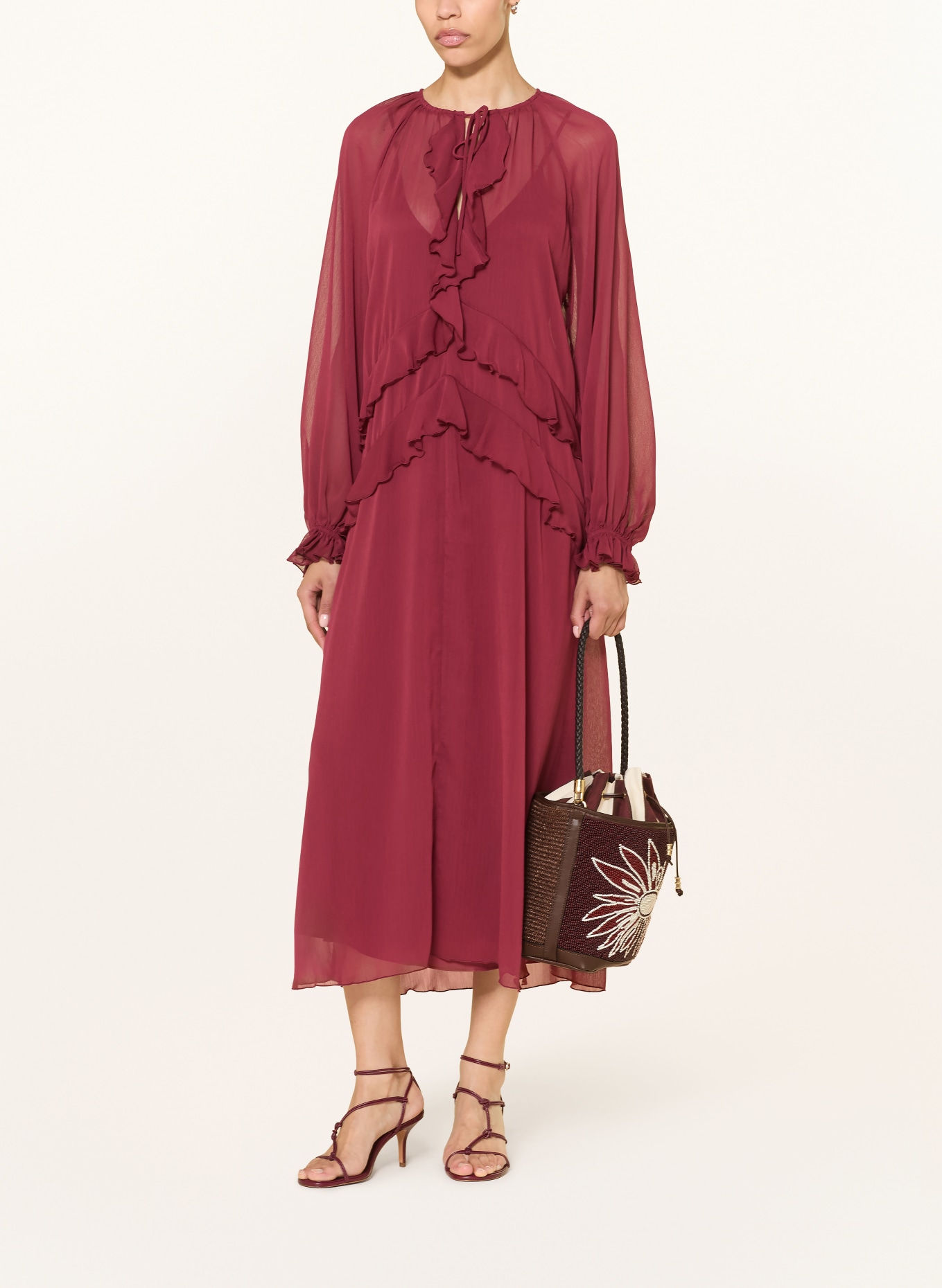 ViaMailBag Tassenmodel BOUQUET FLOWER met sierparels: MARRON FONCÉ / DONKERROOD / WIT