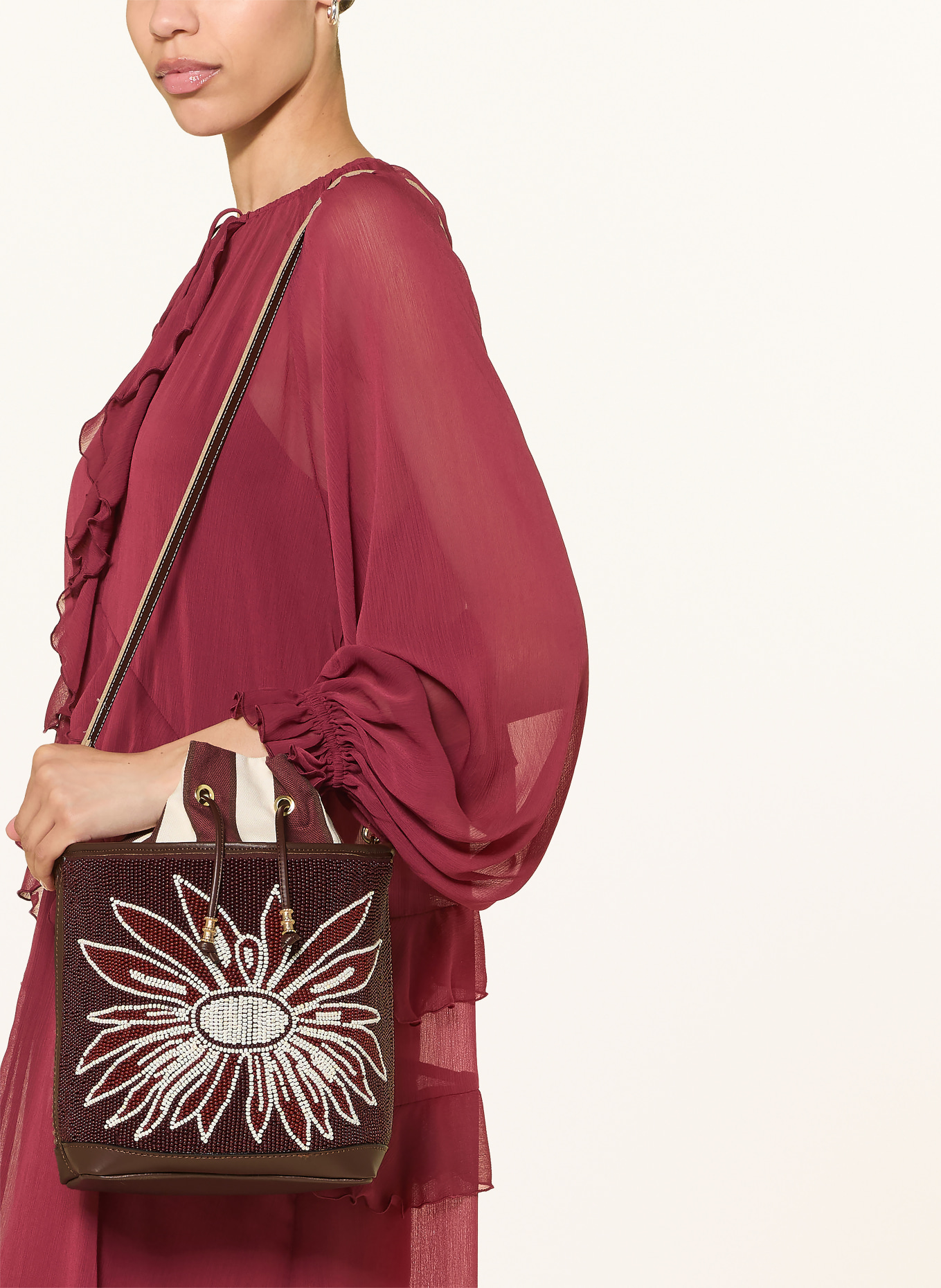 ViaMailBag Tassenmodel BOUQUET FLOWER met sierparels: MARRON FONCÉ / DONKERROOD / WIT