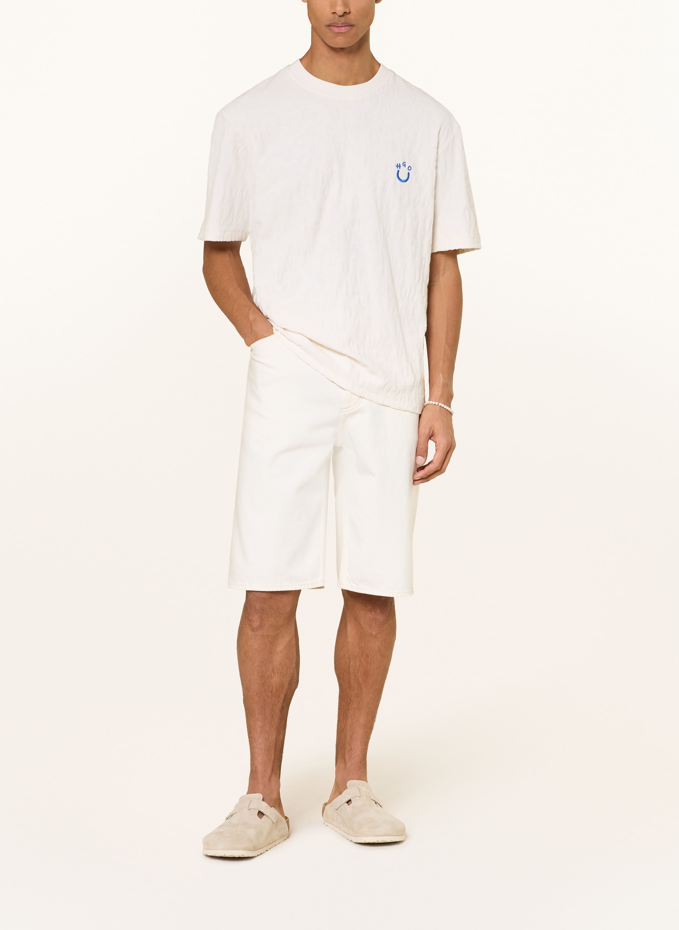 HUGO T-shirt NAGUTEE van badstof: ECRU / BLAUW