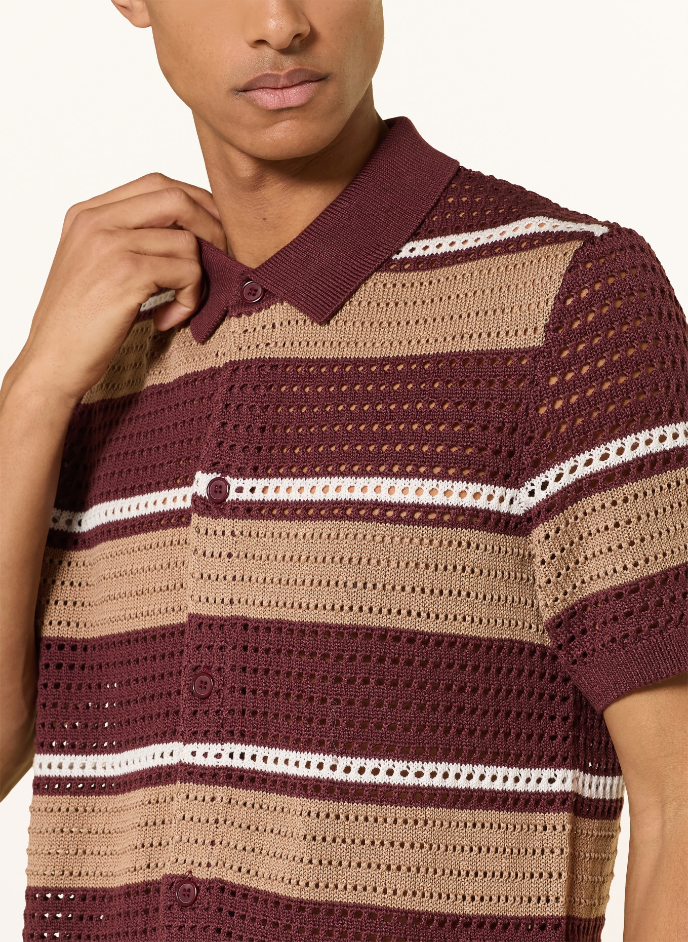 STRELLSON Gebreid overhemd ANDER Slim Fit: DONKERROOD / LICHTBRUIN / WIT