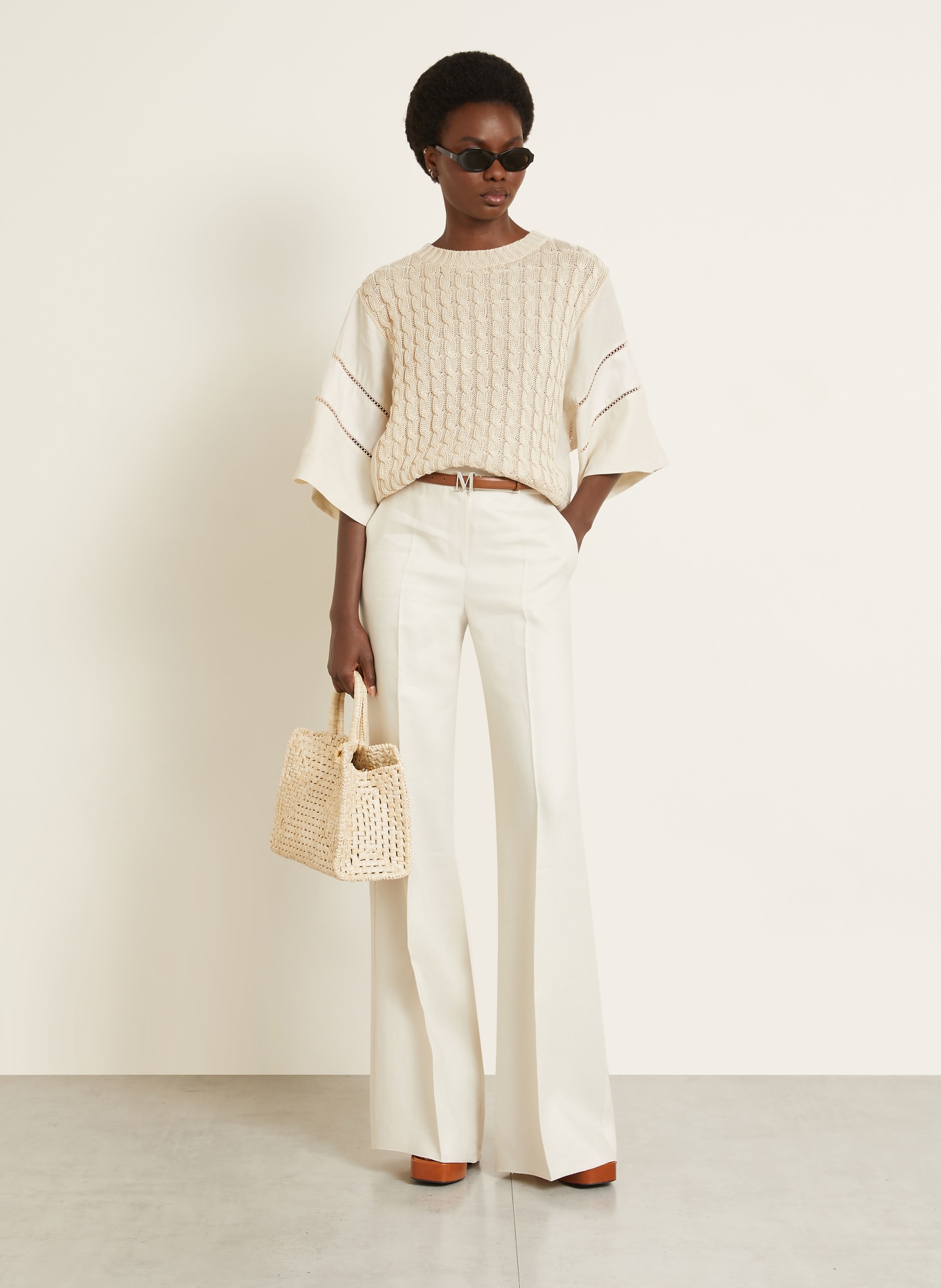 Max Mara Sweter lniany SCATOLA z mieszanki materiałów, z rękawami 3/4: BEŻOWY