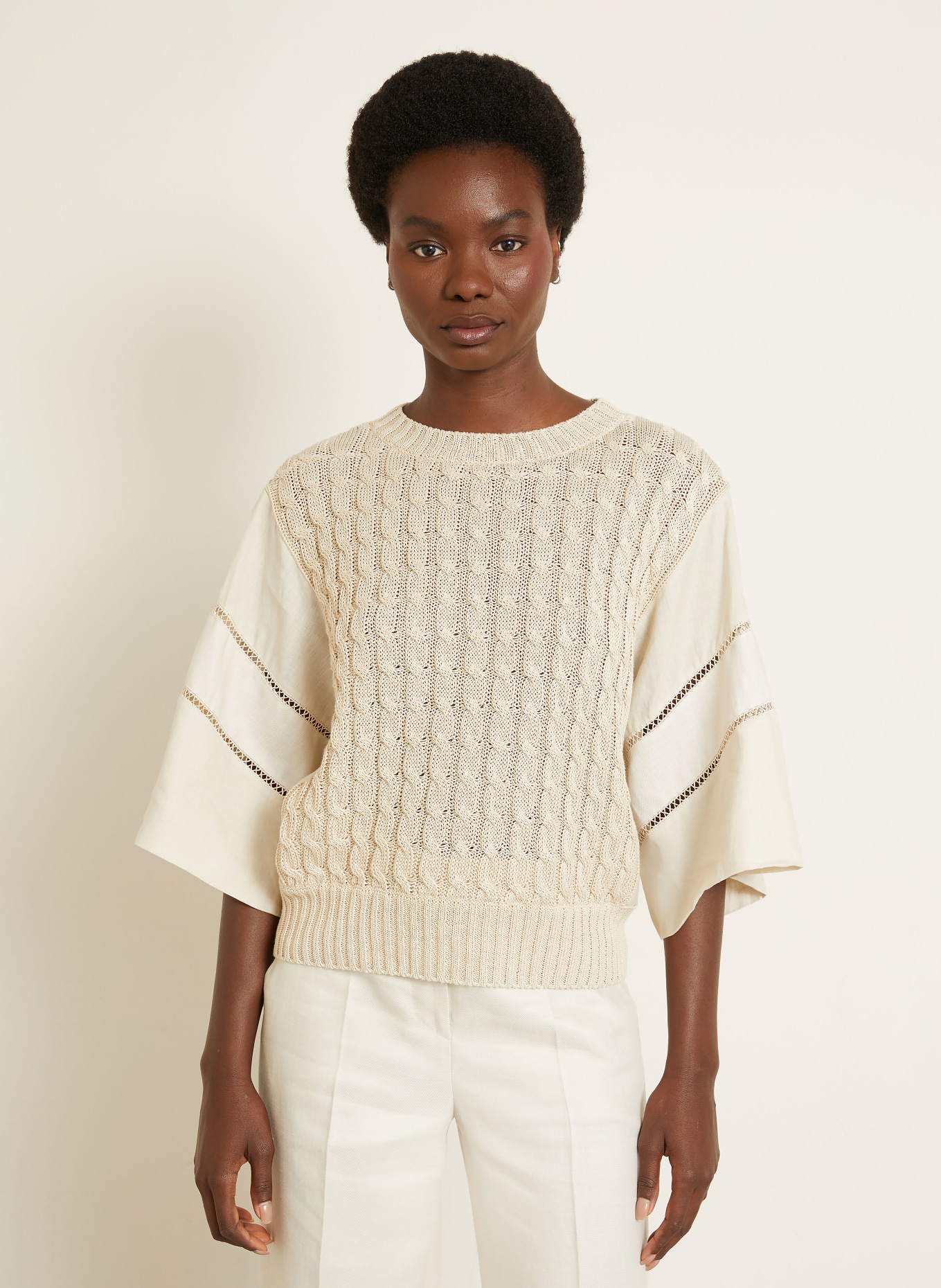 Max Mara Sweter lniany SCATOLA z mieszanki materiałów, z rękawami 3/4: BEŻOWY