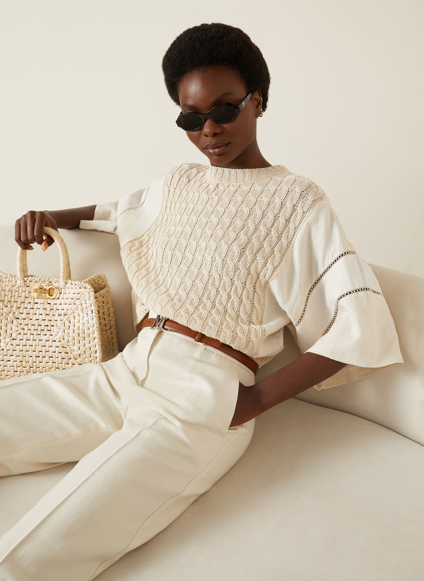 Max Mara Sweter lniany SCATOLA z mieszanki materiałów, z rękawami 3/4: BEŻOWY