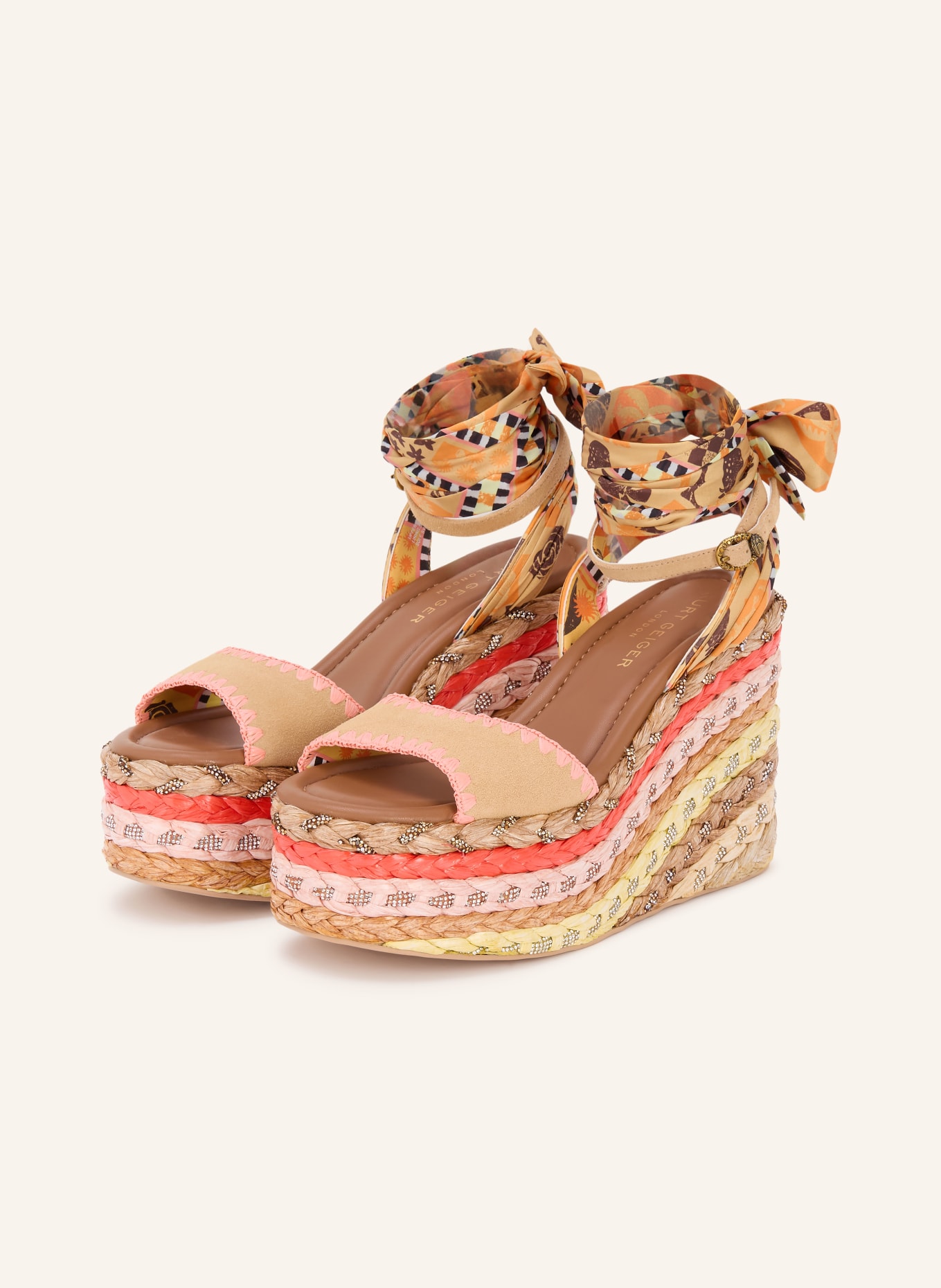 KURT GEIGER Plateau-Wedges SCARF mit Schmucksteinen: BEIGE / ROSA / ORANGE