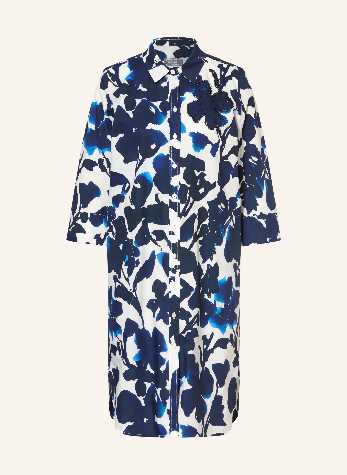 White Label Robe chemise à manches 3/4 et perles décoratives: BLEU FONCÉ / BLANC