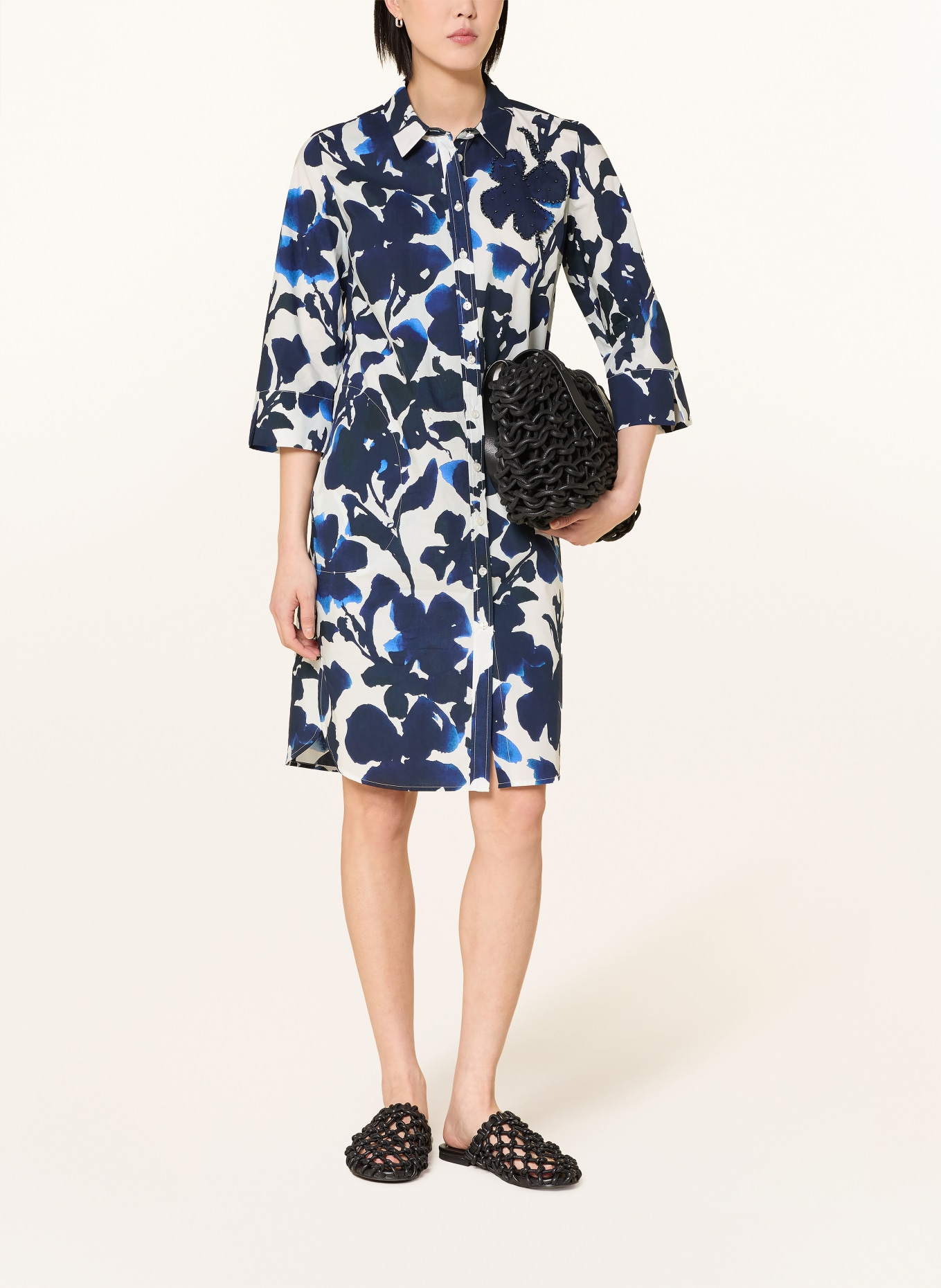 White Label Robe chemise à manches 3/4 et perles décoratives: BLEU FONCÉ / BLANC