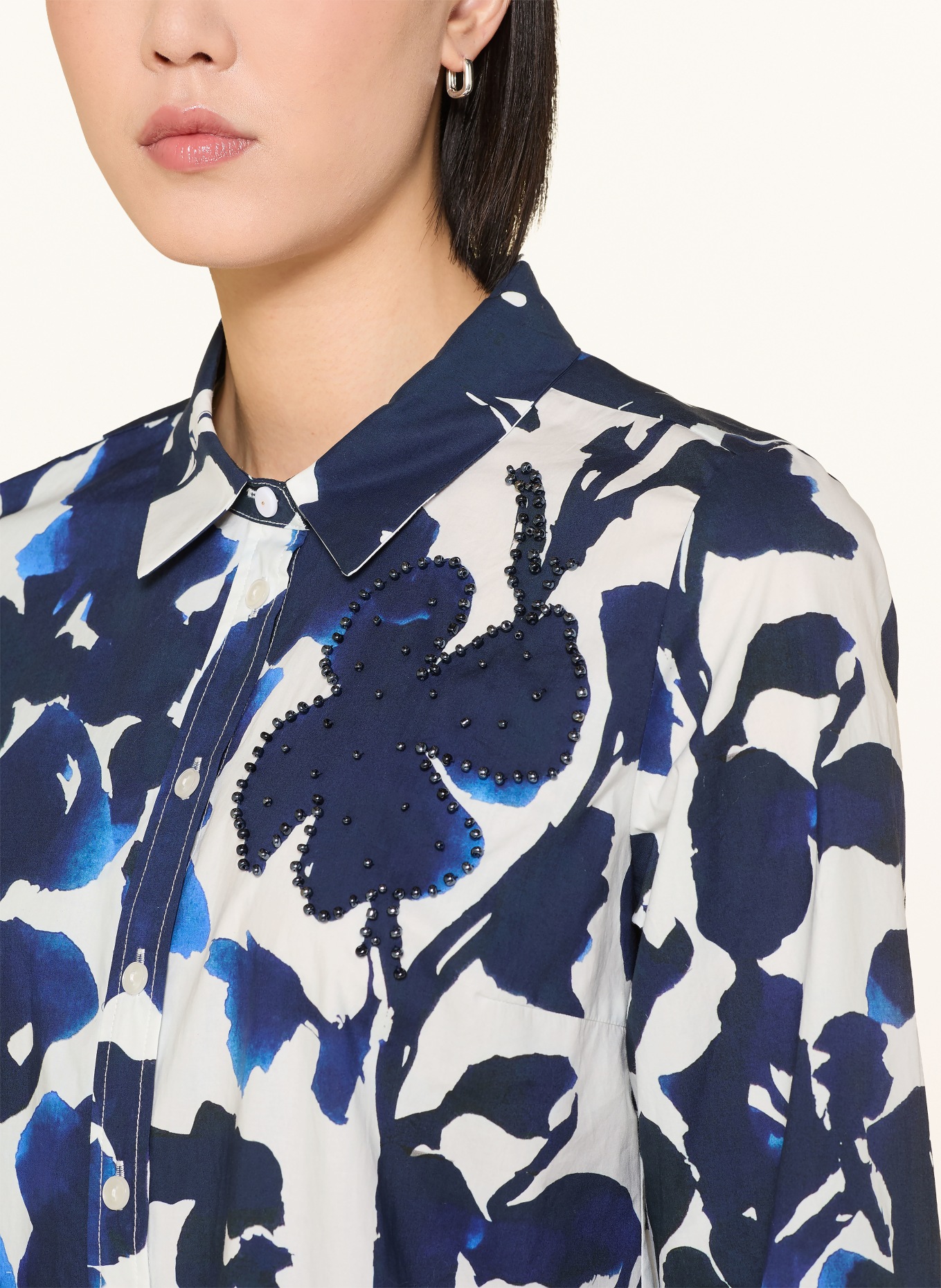 White Label Robe chemise à manches 3/4 et perles décoratives: BLEU FONCÉ / BLANC