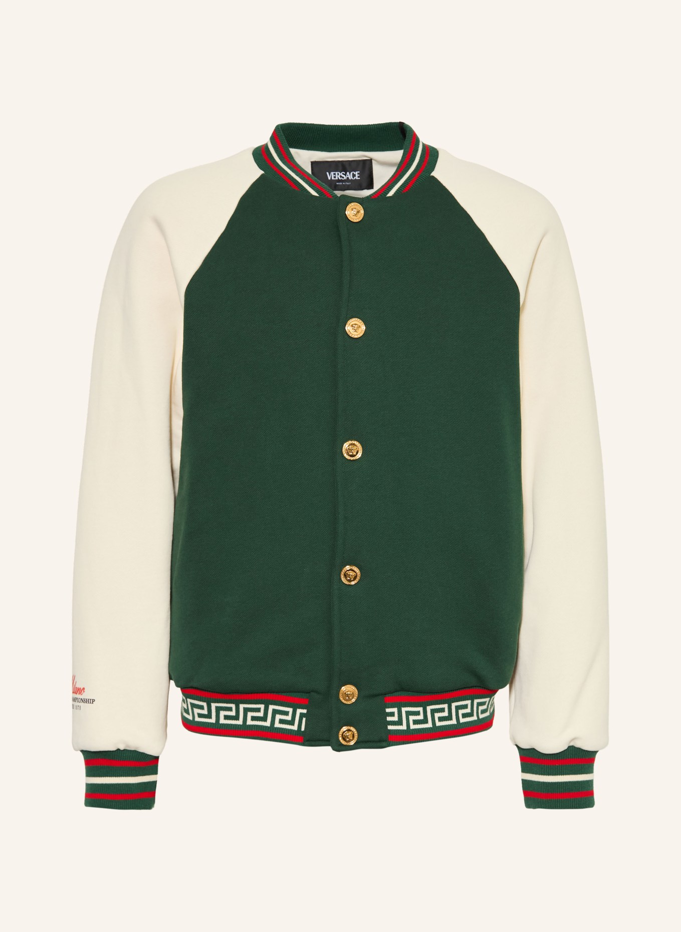 VERSACE veste universitaire: VERT / ÉCRU / ROUGE