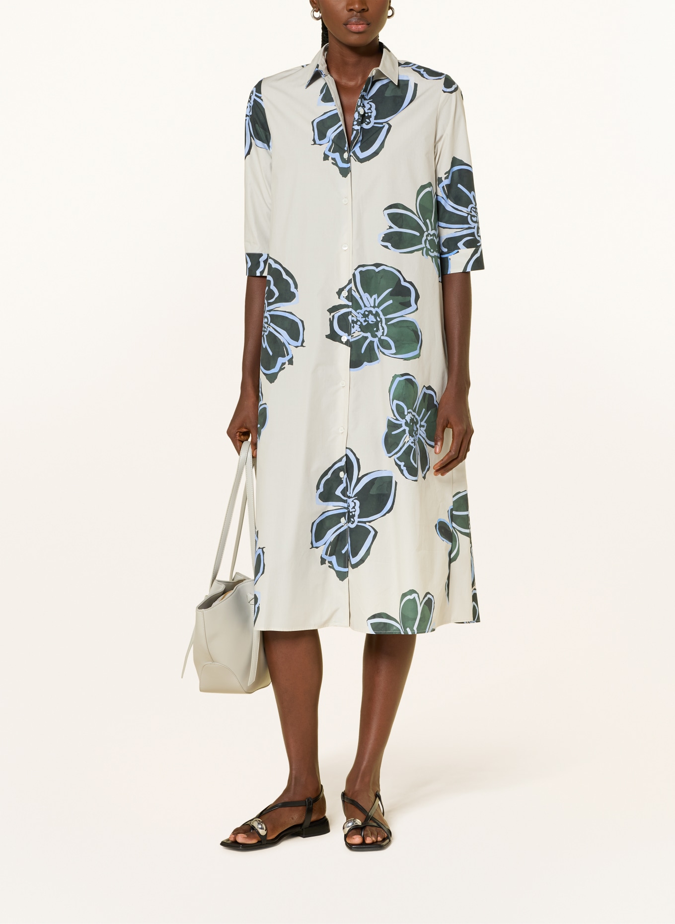 ROSSO35 Shirt dress with 3/4 sleeves: DARK GREEN / ECRU / BLUE