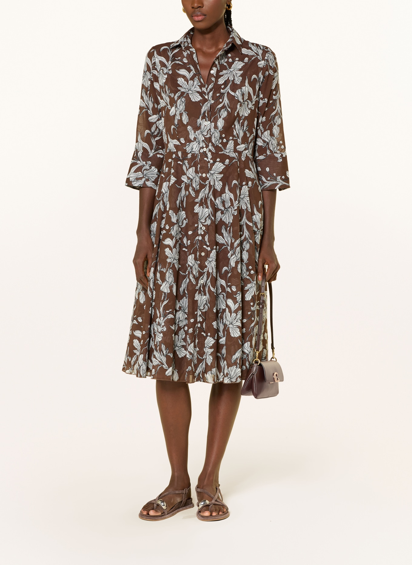 ROSSO35 Shirt dress with 3/4 sleeves: DARK BROWN / WHITE / BLACK