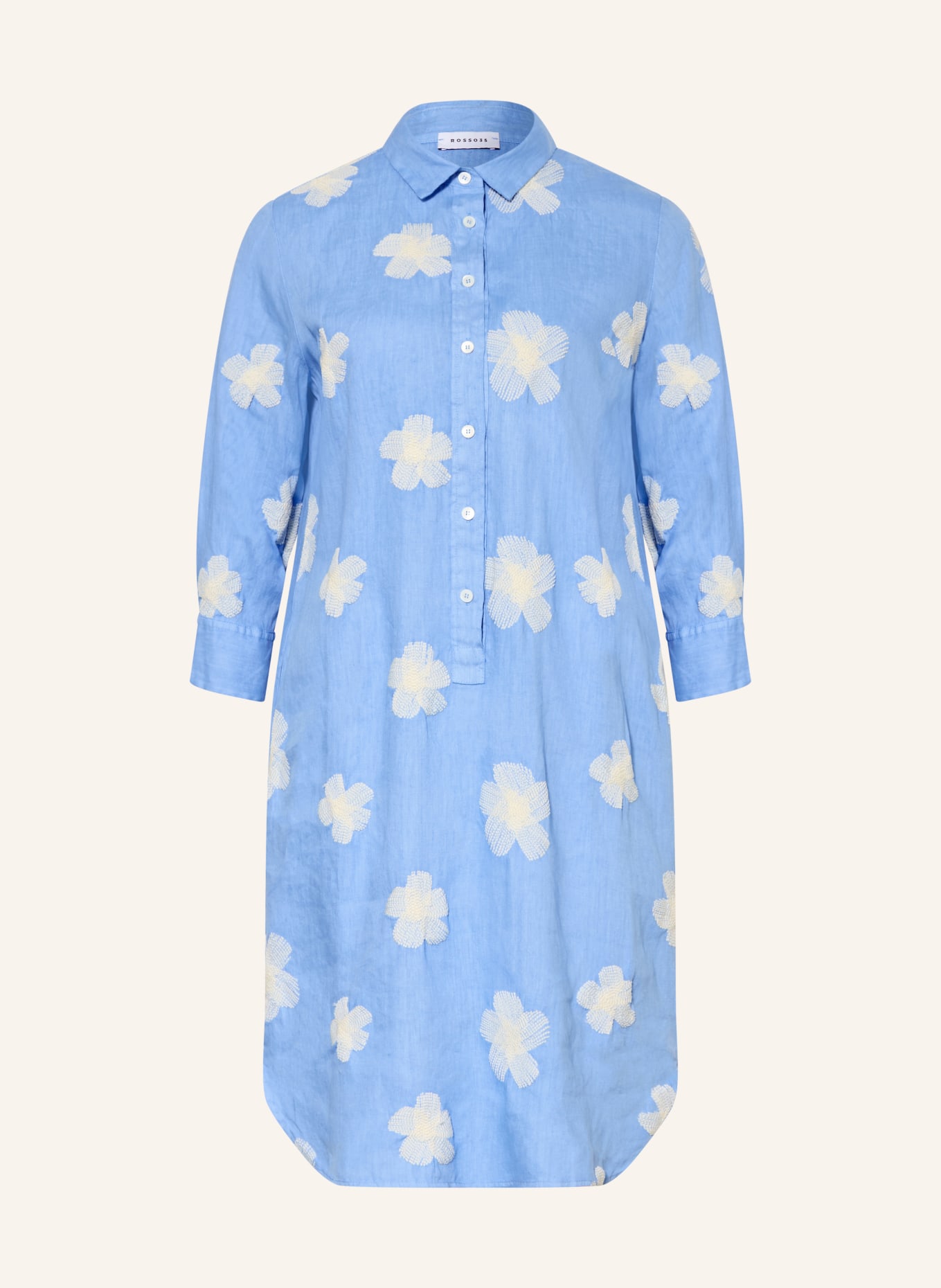 ROSSO35 Linen shirt dress with 3/4 sleeves: LIGHT BLUE / CREAM