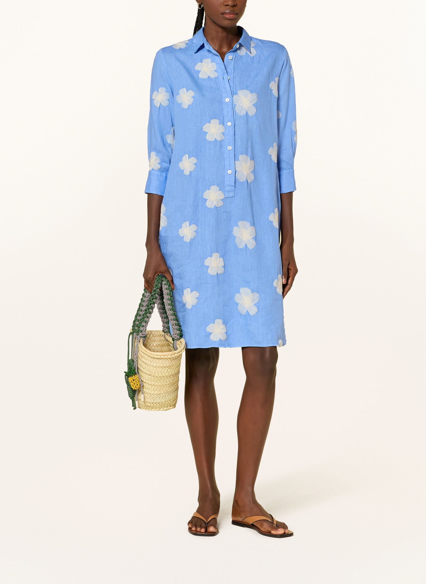 ROSSO35 Linen shirt dress with 3/4 sleeves: LIGHT BLUE / CREAM