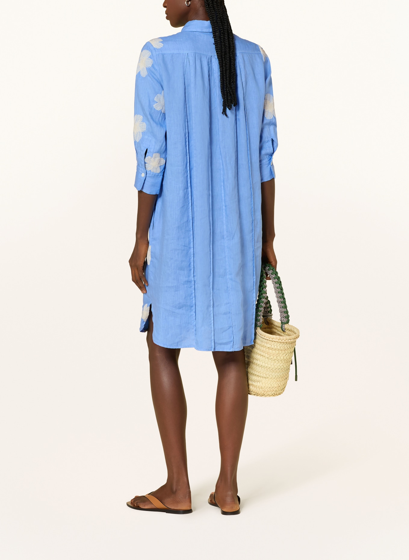 ROSSO35 Linen shirt dress with 3/4 sleeves: LIGHT BLUE / CREAM