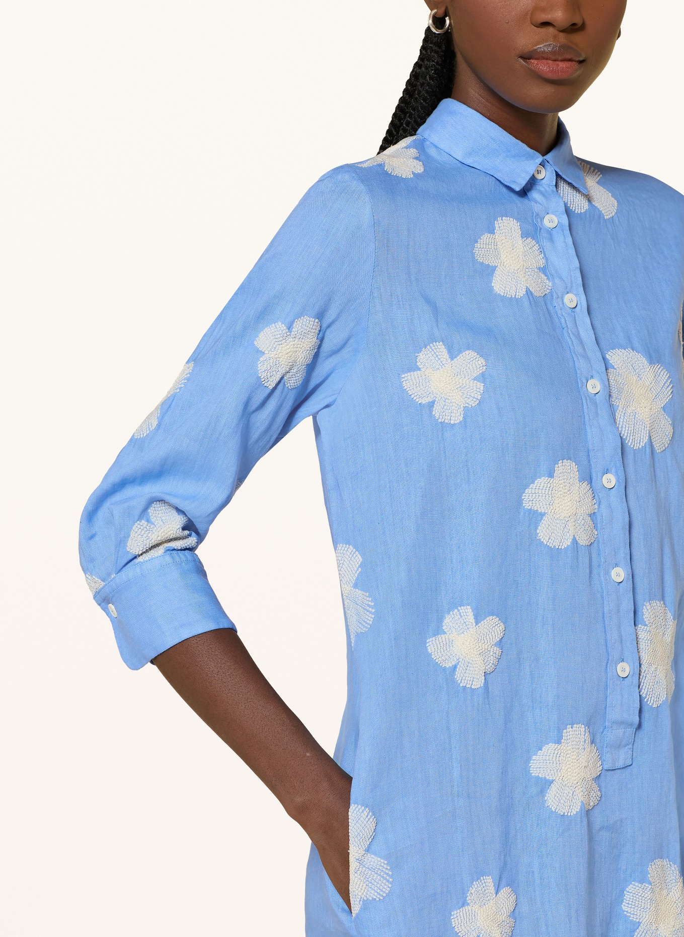 ROSSO35 Linen shirt dress with 3/4 sleeves: LIGHT BLUE / CREAM
