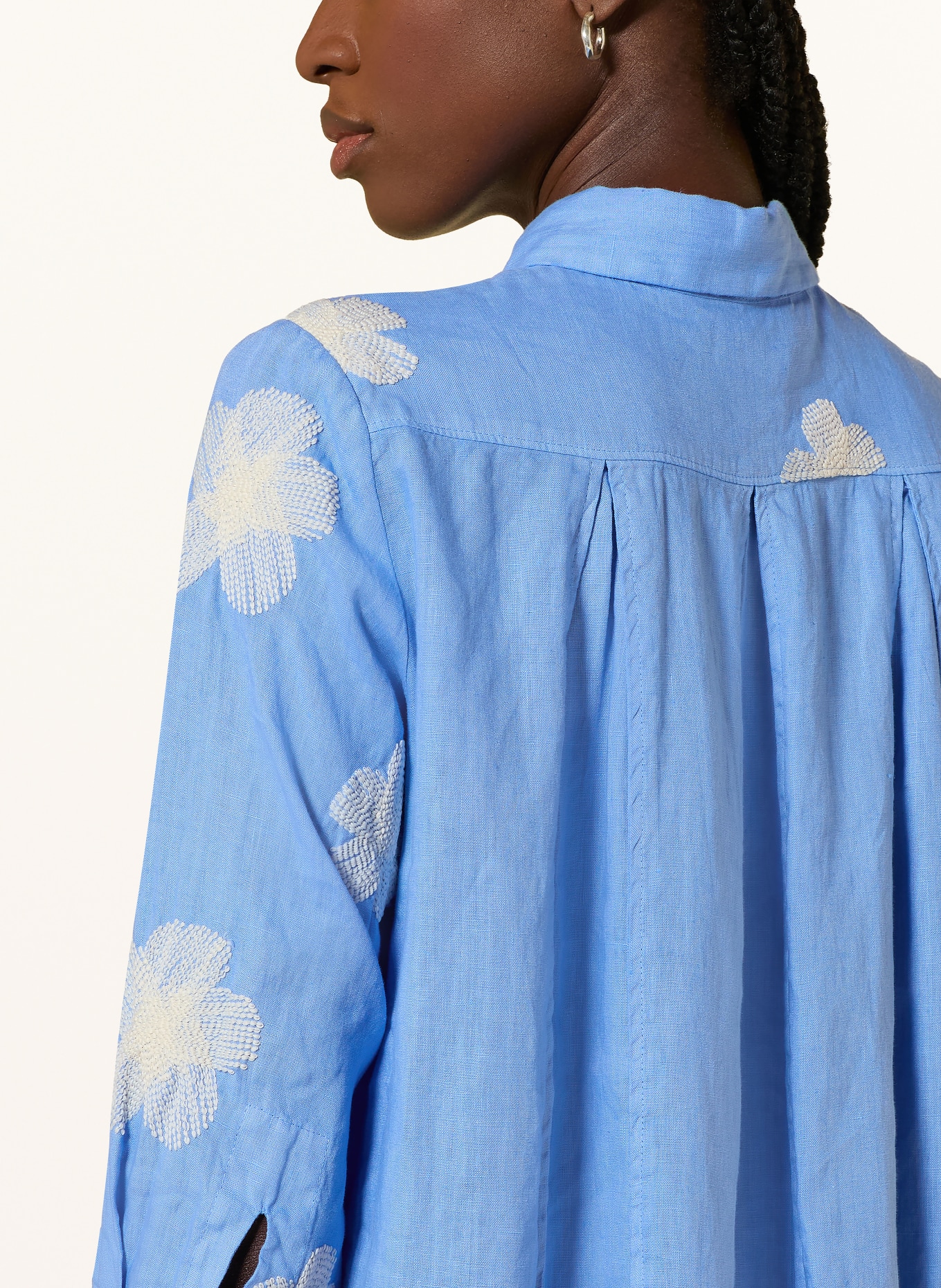 ROSSO35 Linen shirt dress with 3/4 sleeves: LIGHT BLUE / CREAM