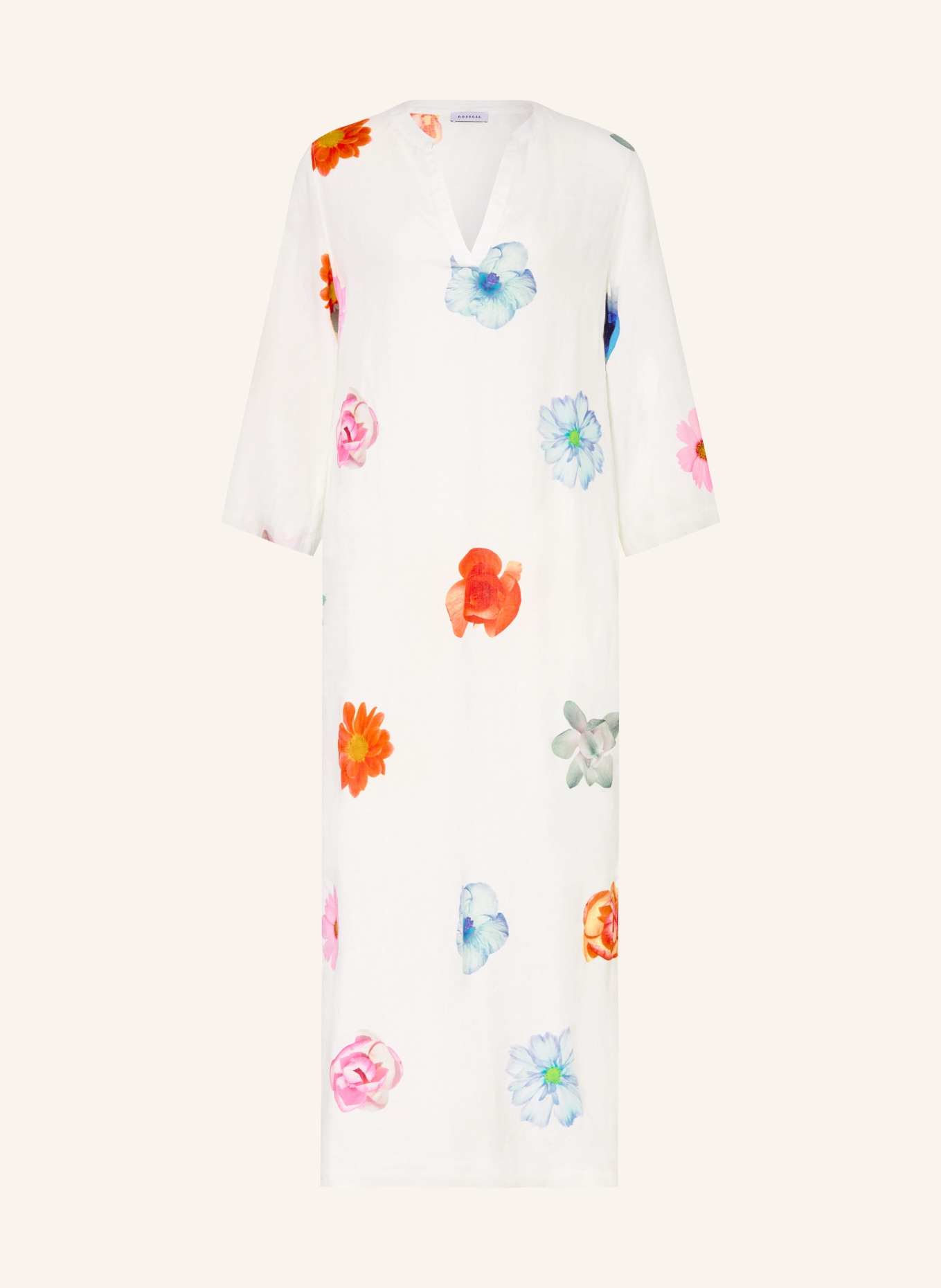 ROSSO35 Linen dress with 3/4-length sleeves: WHITE / ORANGE / LIGHT BLUE