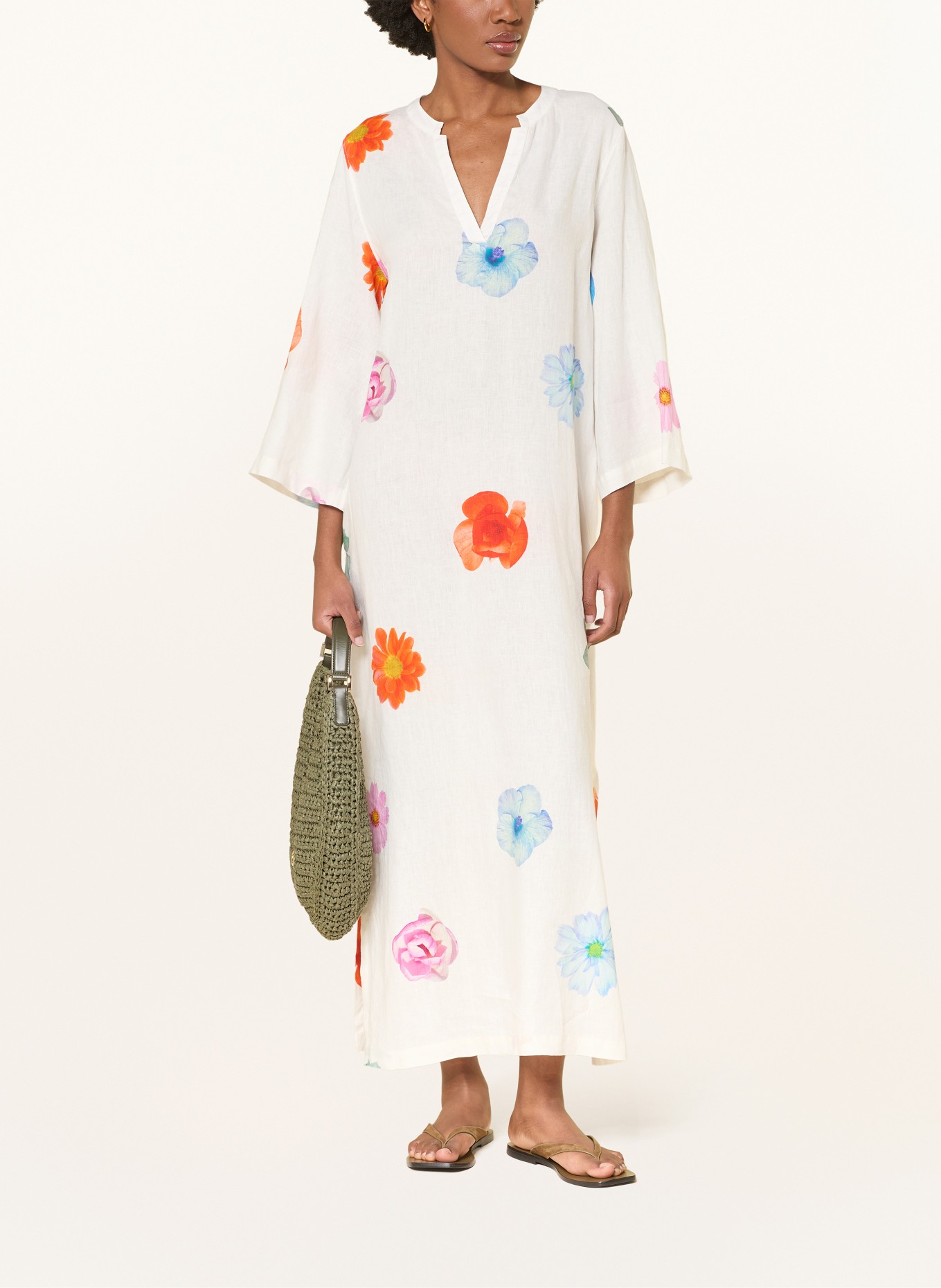 ROSSO35 Linen dress with 3/4-length sleeves: WHITE / ORANGE / LIGHT BLUE