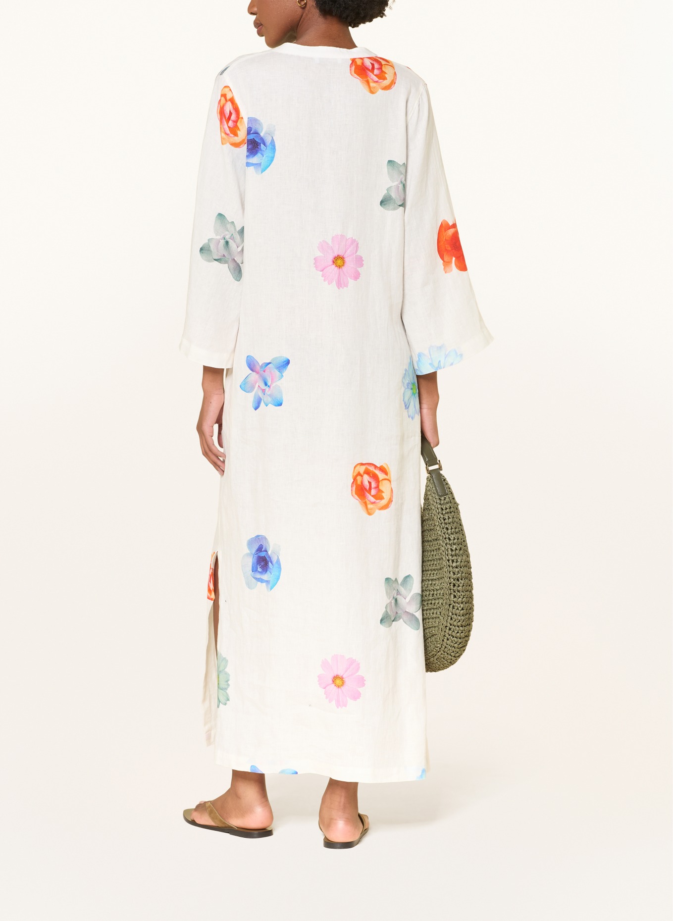 ROSSO35 Linen dress with 3/4-length sleeves: WHITE / ORANGE / LIGHT BLUE