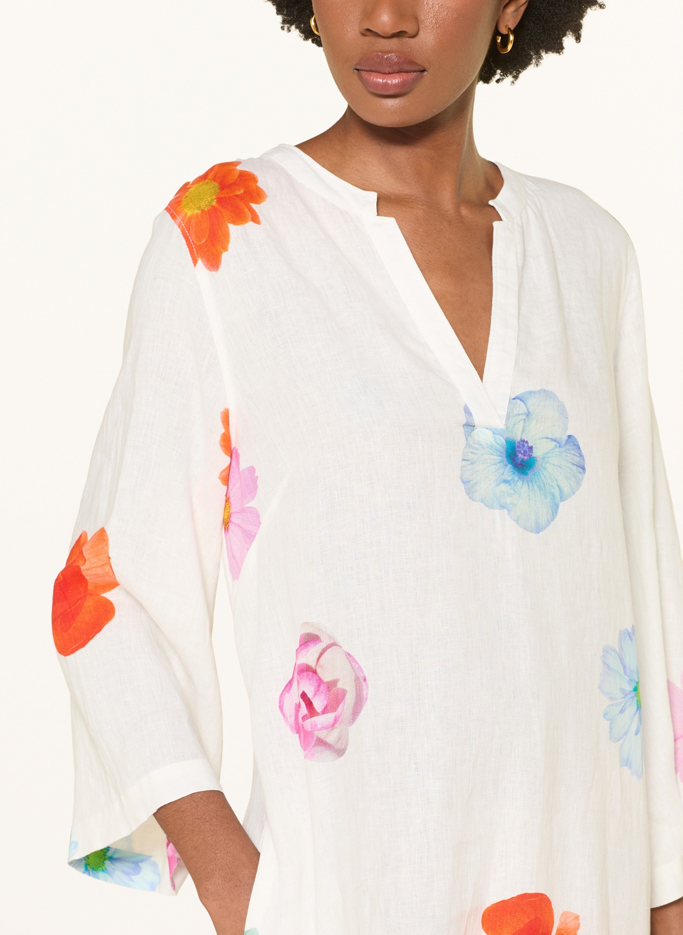 ROSSO35 Linen dress with 3/4-length sleeves: WHITE / ORANGE / LIGHT BLUE