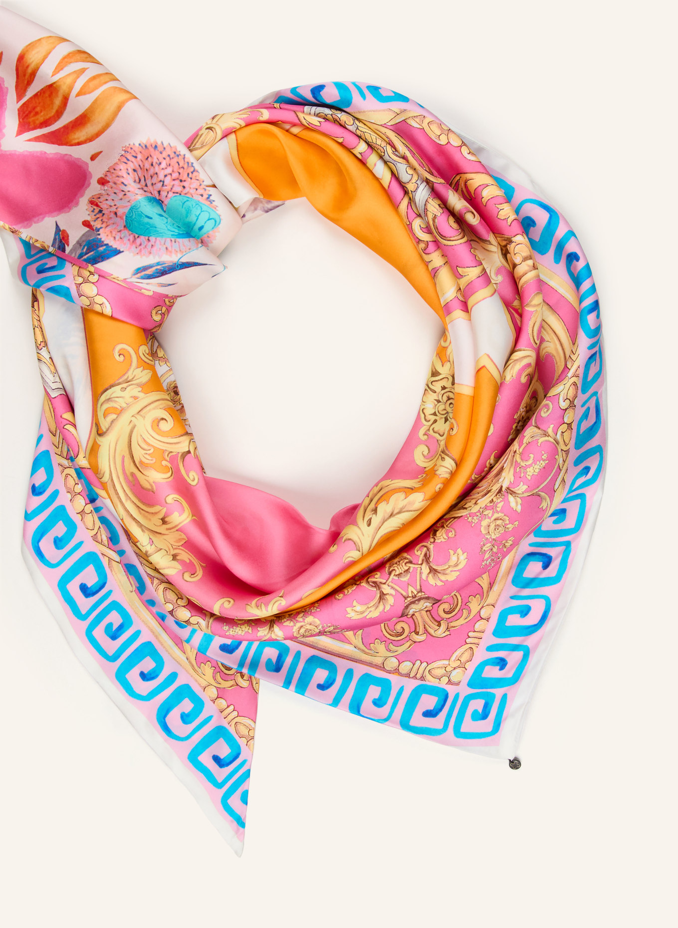 CODELLO Driehoekige zijden sjaal: ROZE / ORANJE / BLAUW