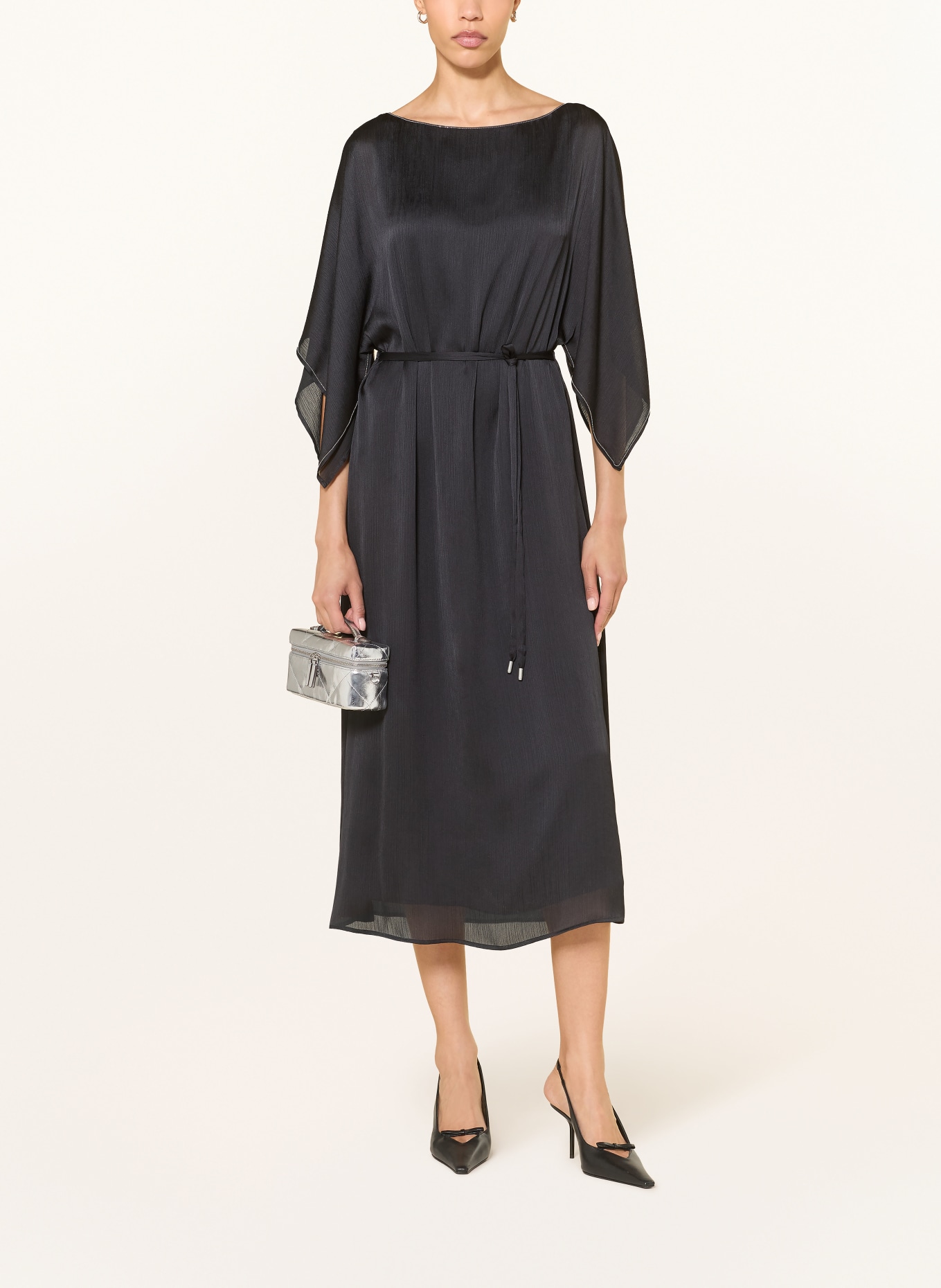 PESERICO Satijnen jurk met 3/4-mouwen en strass-steentjes: ZWART