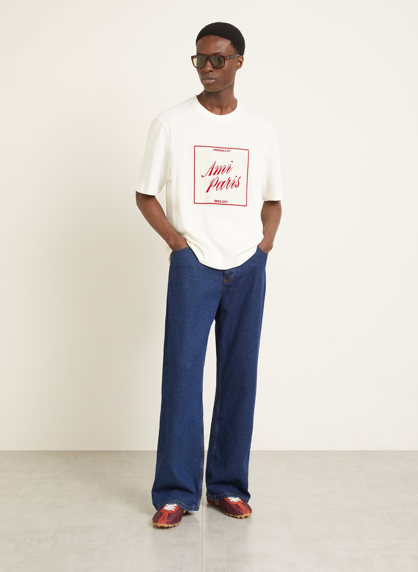 AMI PARIS T-shirt: ECRU / RED