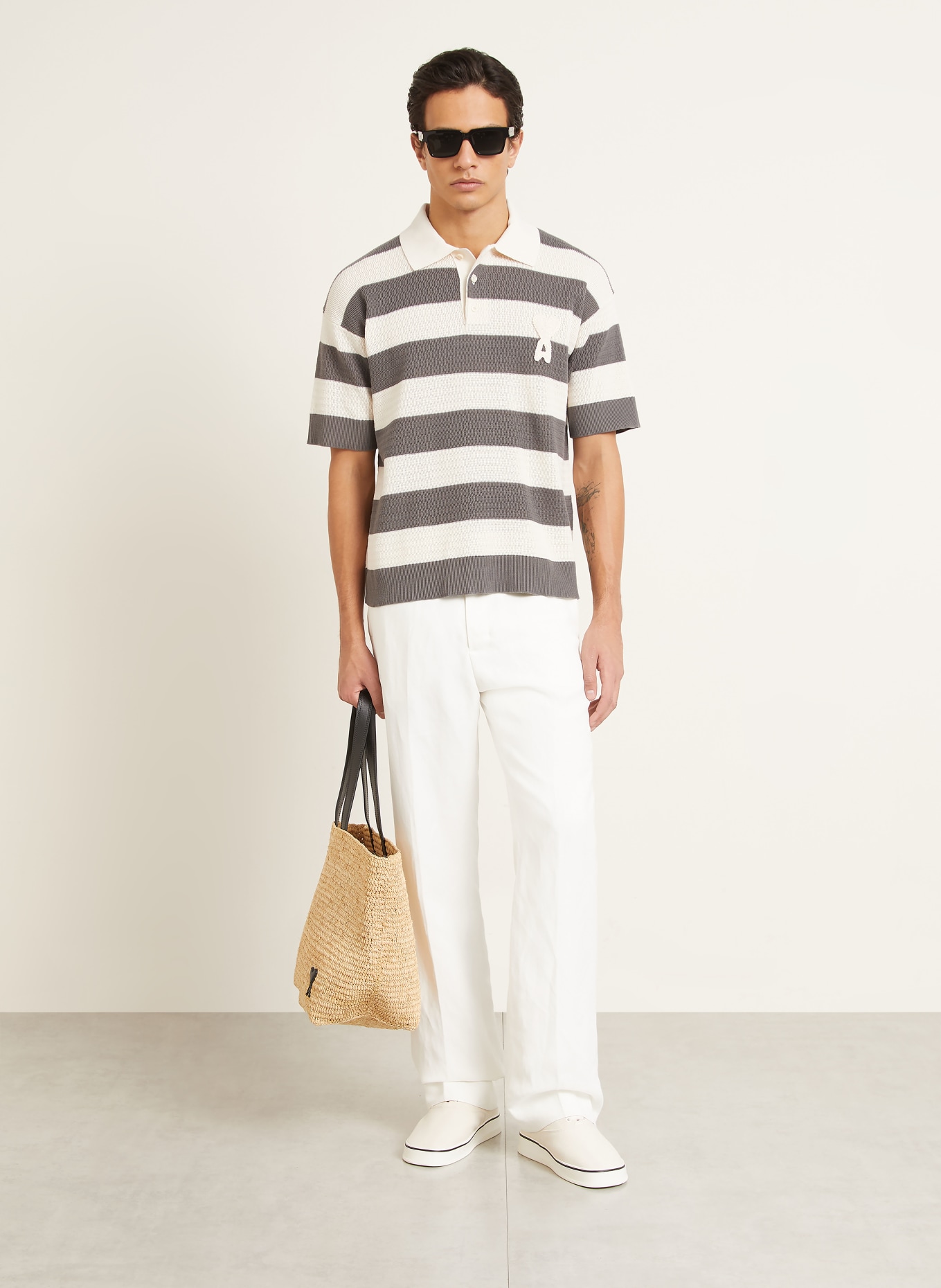 AMI PARIS Gebreid poloshirt: DONKERGRIJS / CRÈME