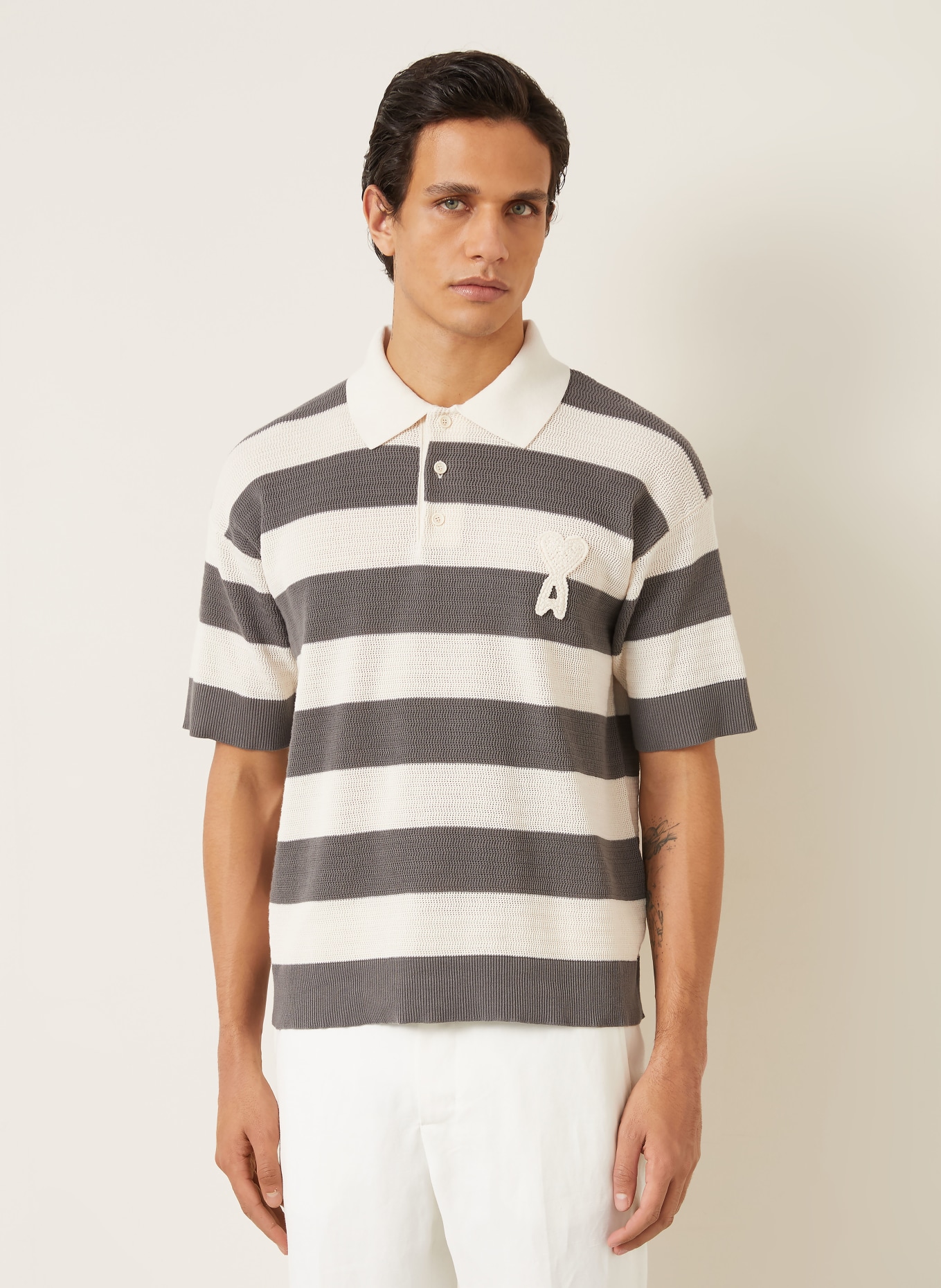 AMI PARIS Gebreid poloshirt: DONKERGRIJS / CRÈME