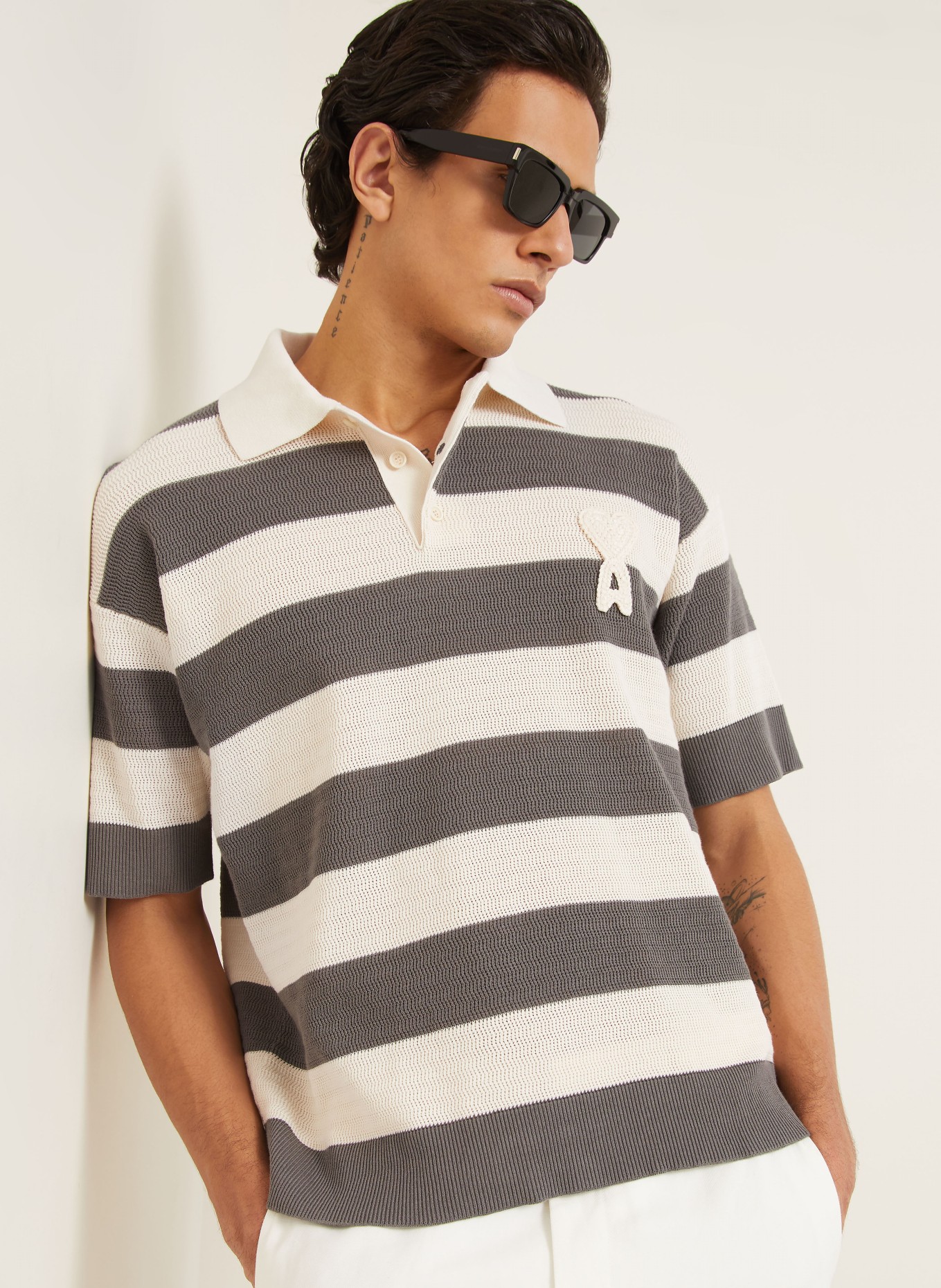 AMI PARIS Gebreid poloshirt: DONKERGRIJS / CRÈME