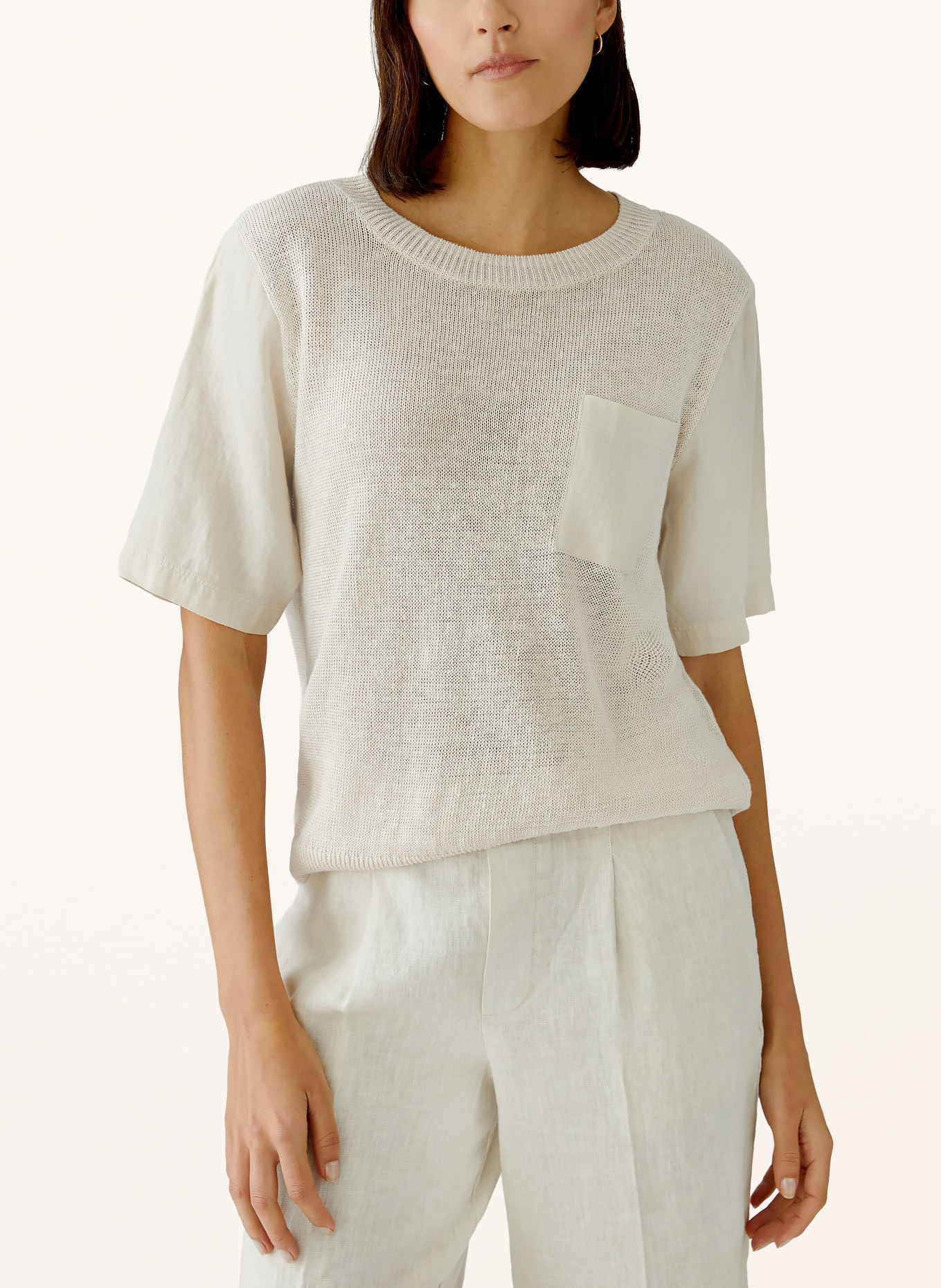 oui Gebreid shirt van linnen in een materiaalmix: BEIGE