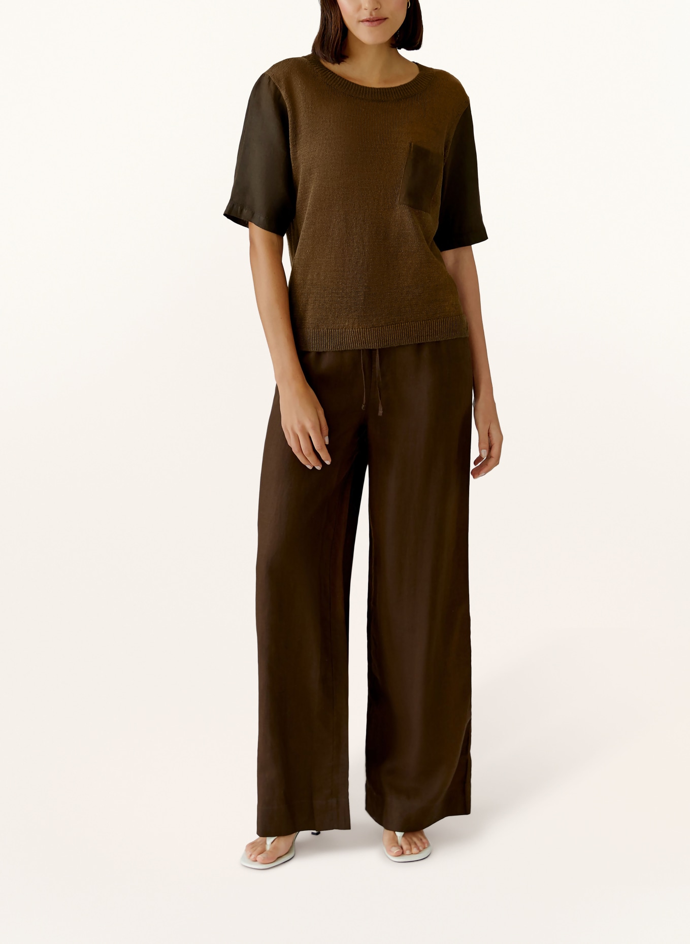 oui Gebreid shirt van linnen in een materiaalmix: MARRON FONCÉ