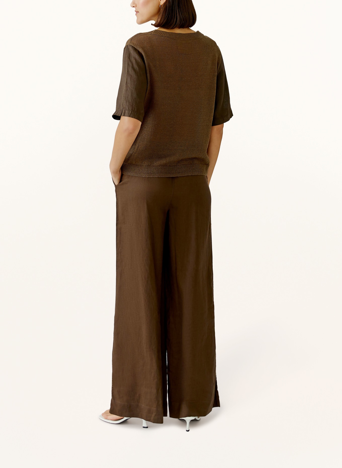 oui Gebreid shirt van linnen in een materiaalmix: MARRON FONCÉ