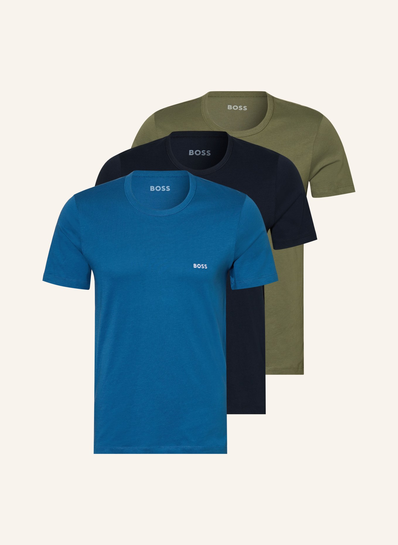 BOSS 3er-Pack T-Shirts PURE COTTON: BLAU / KHAKI / DUNKELBLAU