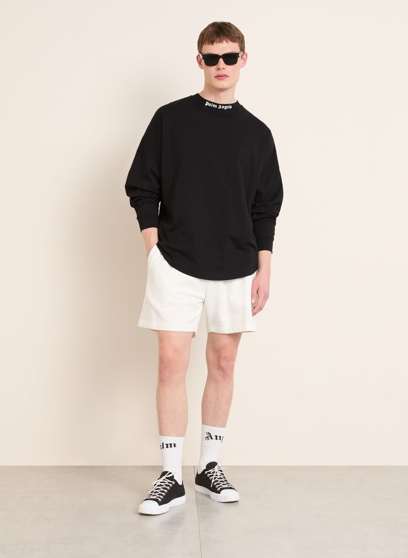 Palm Angels Oversized T-shirt met lange mouwen: ZWART / WIT