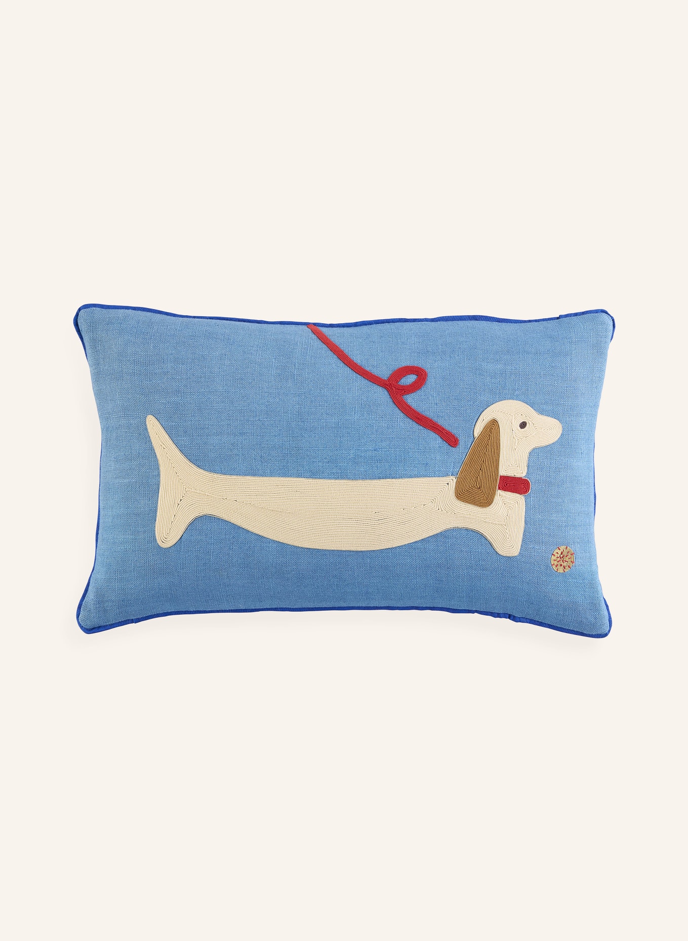 JONATHAN ADLER PLAYA DACHSHUND decorative cushion with glitter thread: LIGHT BLUE / CREAM / RED