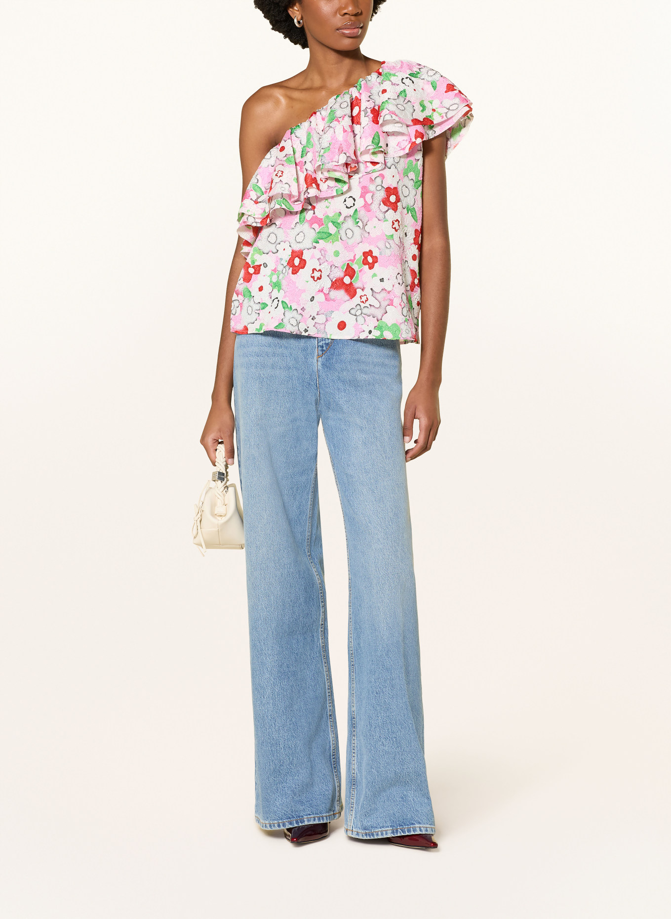 ESSENTIEL ANTWERP Top asymétrique JILAND à volants: BLANC / ROSE / ROUGE