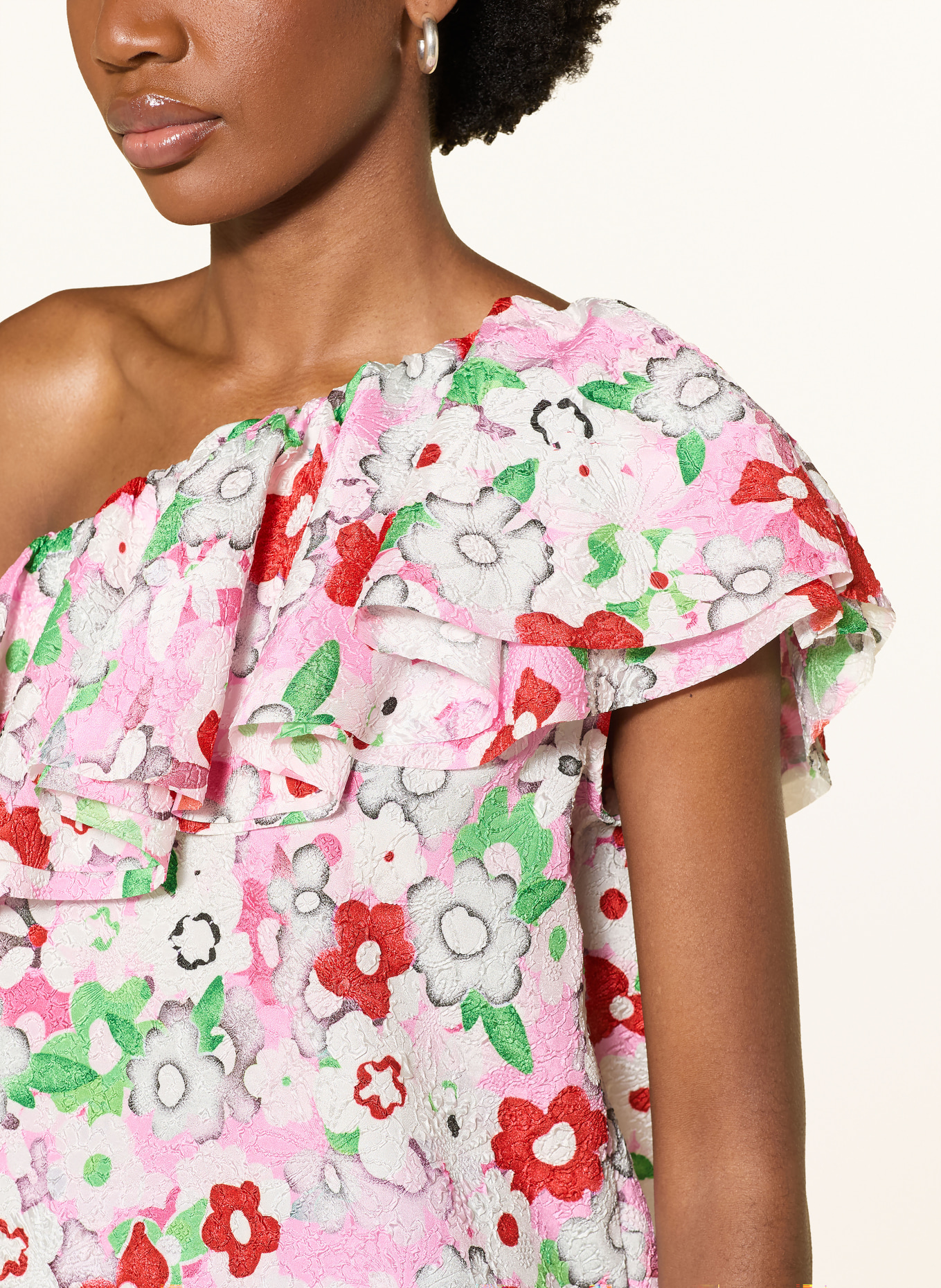 ESSENTIEL ANTWERP Top asymétrique JILAND à volants: BLANC / ROSE / ROUGE