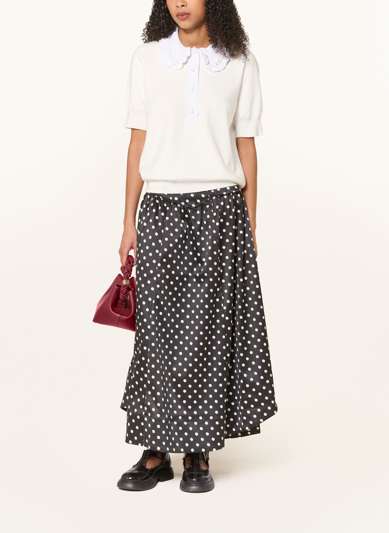 ESSENTIEL ANTWERP Polo en maille JEWELRY avec pierres précieuses et volants: ÉCRU / BLANC