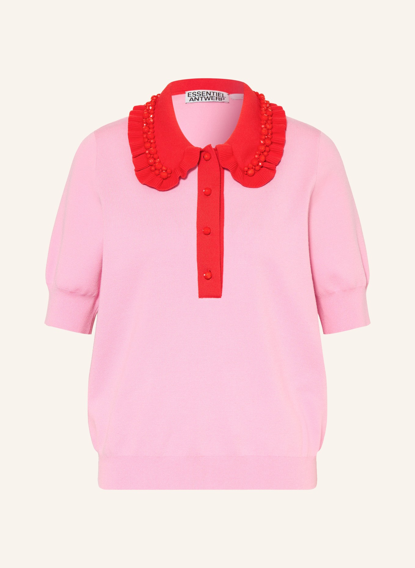 ESSENTIEL ANTWERP Polo en maille JEWELRY avec pierres précieuses et volants: ROSE FUCHSIA / ROUGE