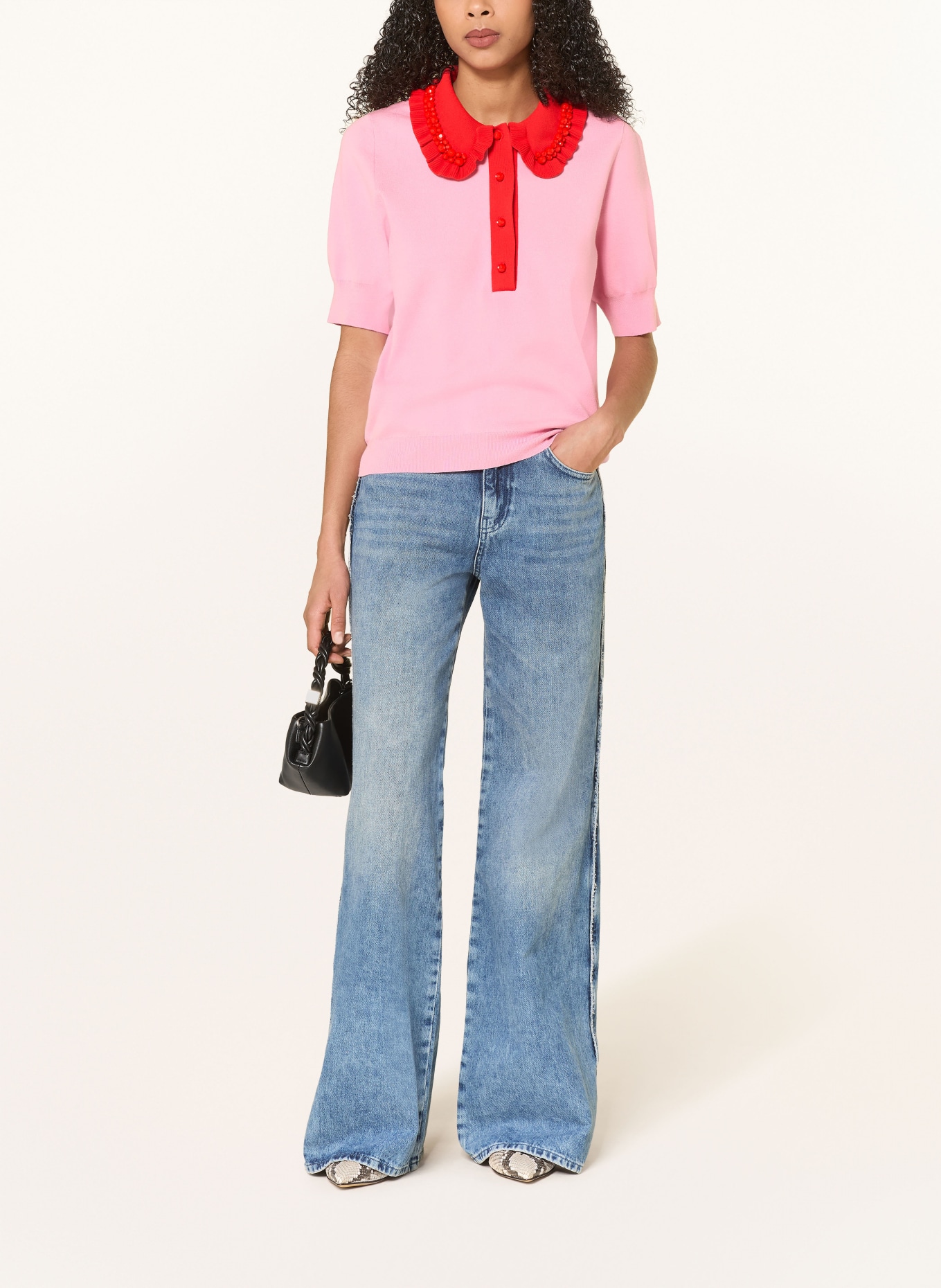 ESSENTIEL ANTWERP Polo en maille JEWELRY avec pierres précieuses et volants: ROSE FUCHSIA / ROUGE