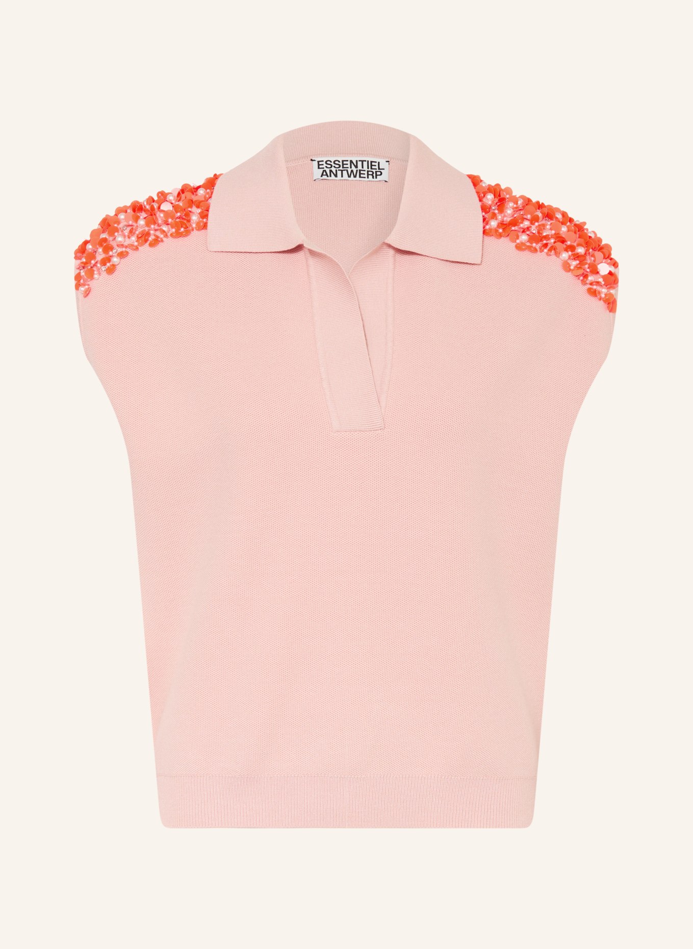 ESSENTIEL ANTWERP Strick-Poloshirt JOLINE mit Pailletten und Schmucksteinen: ROSÉ / NEONORANGE